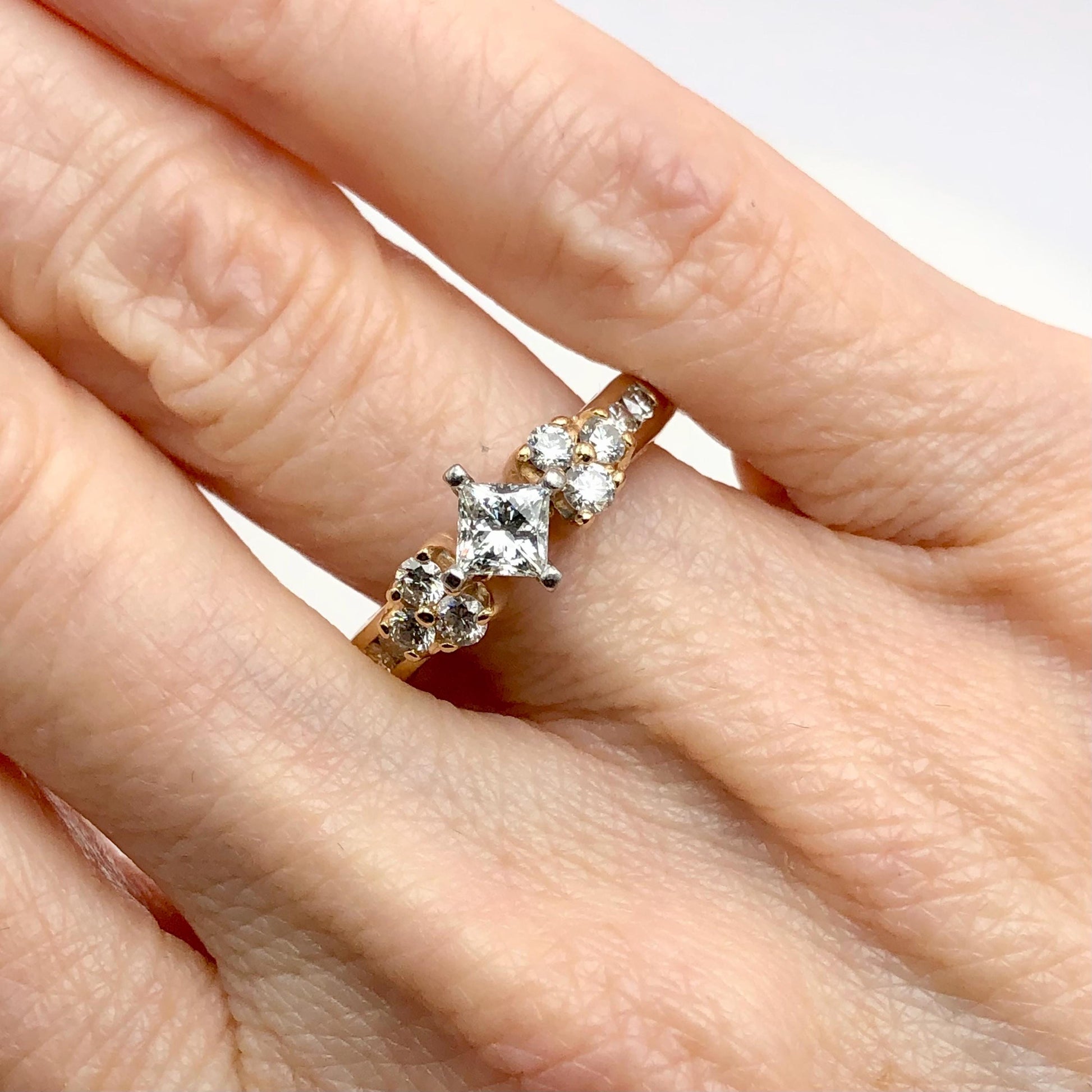 Vintage 14k Two Tone Gold Princess Cut Natural Diamond Engagement Ring, Square Diamond Ring, 1 CTS Total Diamond Weight Size 6.25