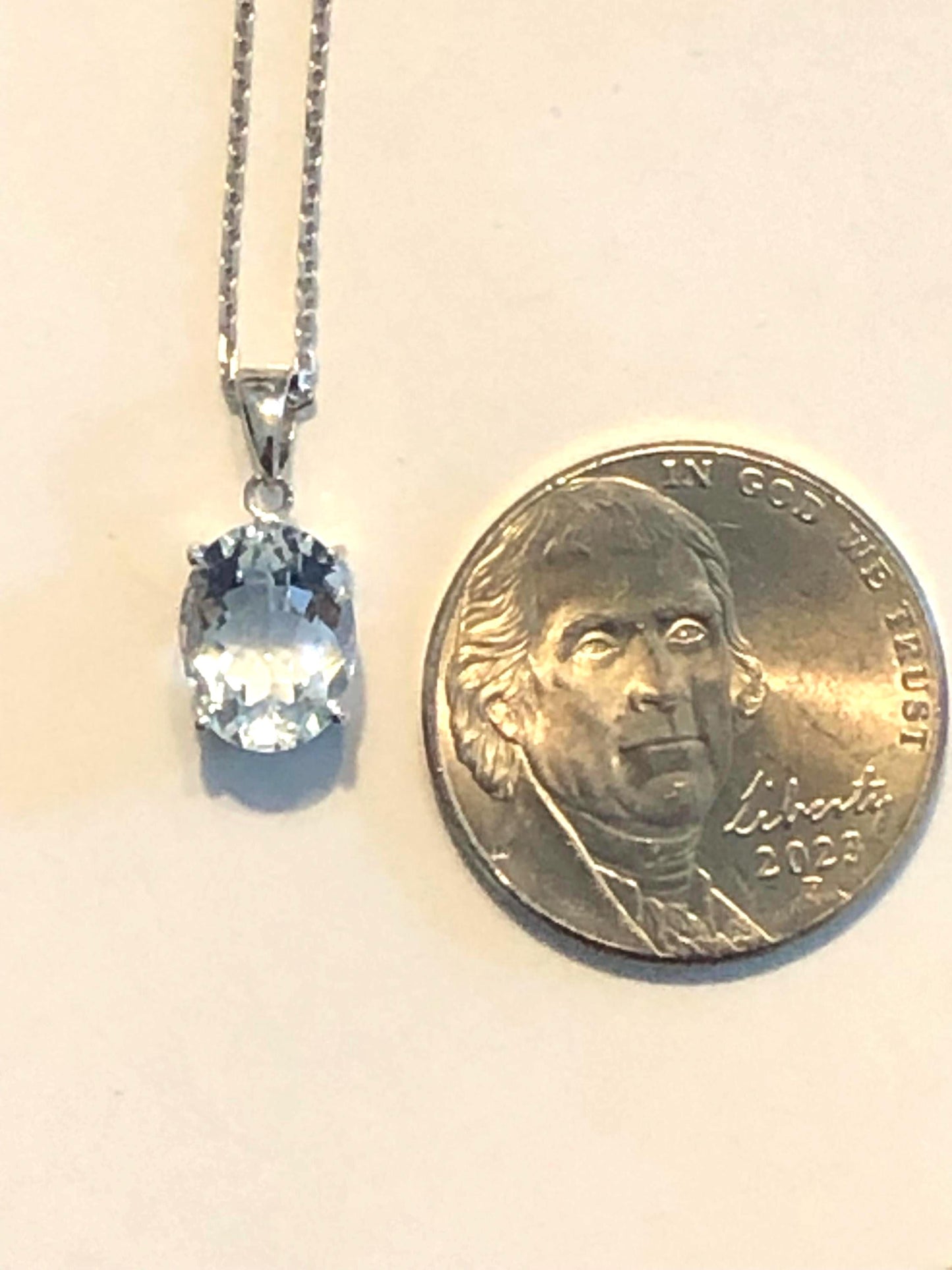 Vintage 14k White Gold Pale Blue Aquamarine Drop Necklace Oval Pendant March Birthstone
