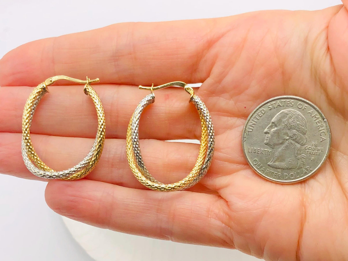 14k Gold Double Hoop Earrings - Two Tone White and Yellow Oval Shaped - Vintage Fine Jewelry