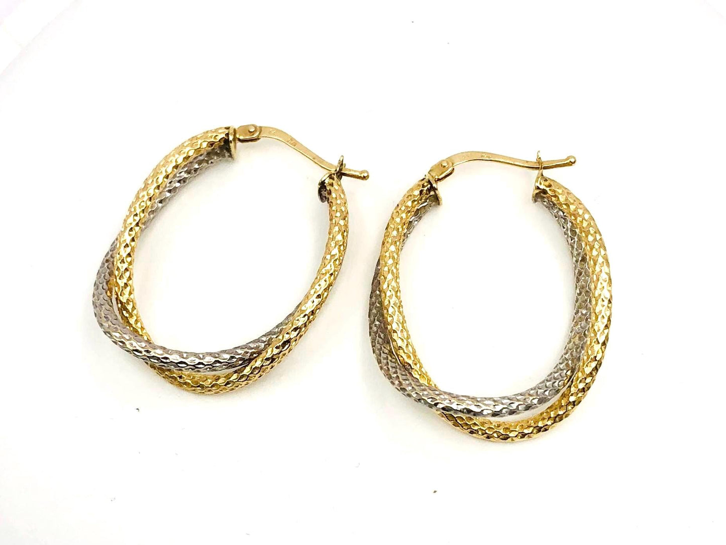 14k Gold Double Hoop Earrings - Two Tone White and Yellow Oval Shaped - Vintage Fine Jewelry