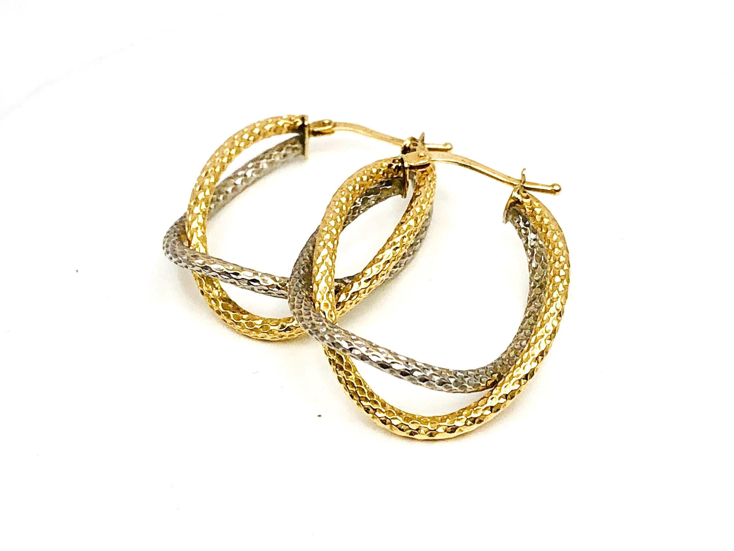 14k Gold Double Hoop Earrings - Two Tone White and Yellow Oval Shaped - Vintage Fine Jewelry