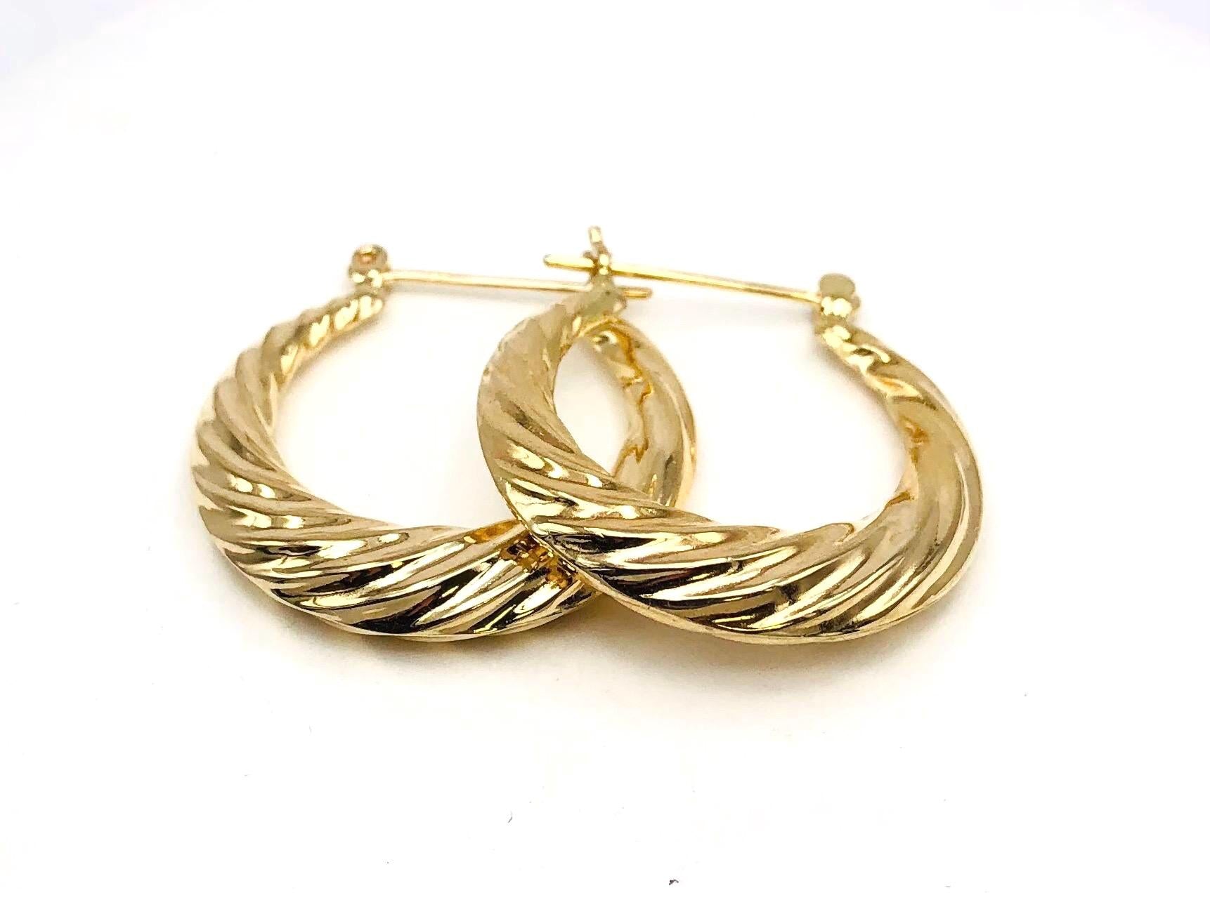 14k Hoop Earrings - Vintage Yellow Gold Twist Style for Everyday - 15/16"