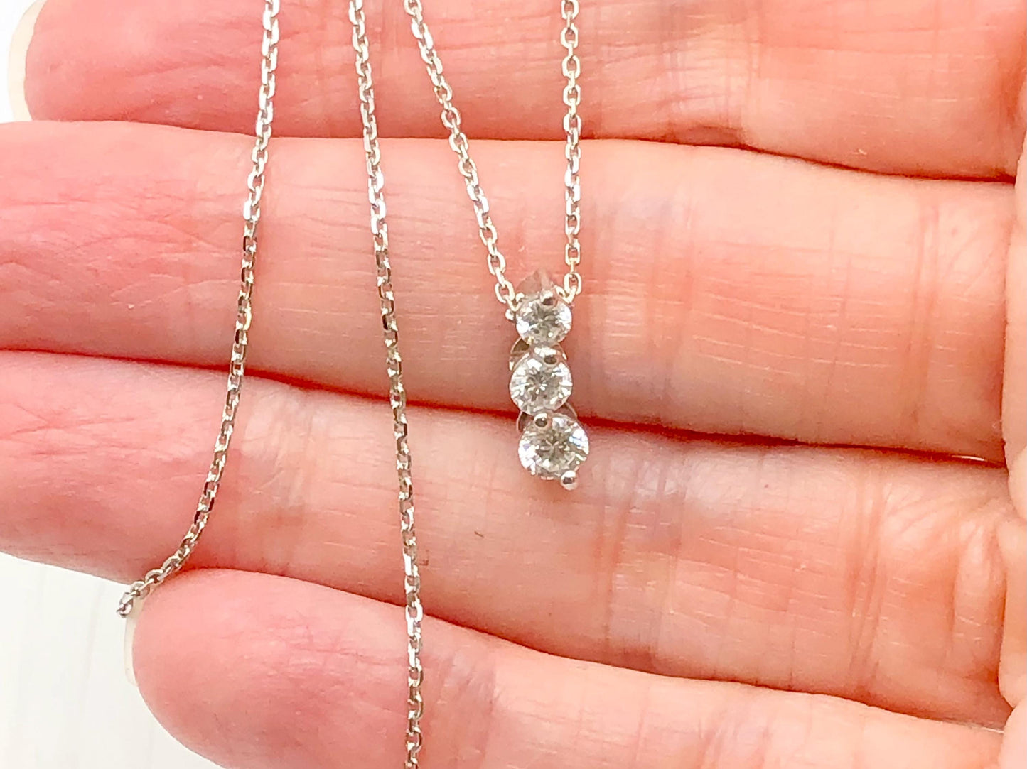 Vintage 14k White Gold Three Natural Diamonds Pendant Necklace, Approx. 1/2 Carat Journey Necklace, 16"