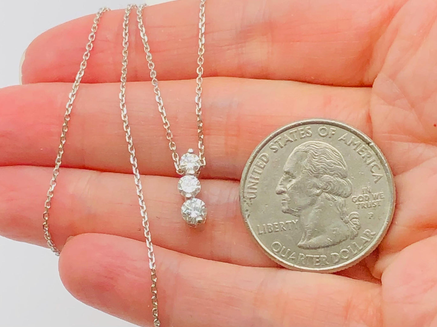 Vintage 14k White Gold Three Natural Diamonds Pendant Necklace, Approx. 1/2 Carat Journey Necklace, 16"