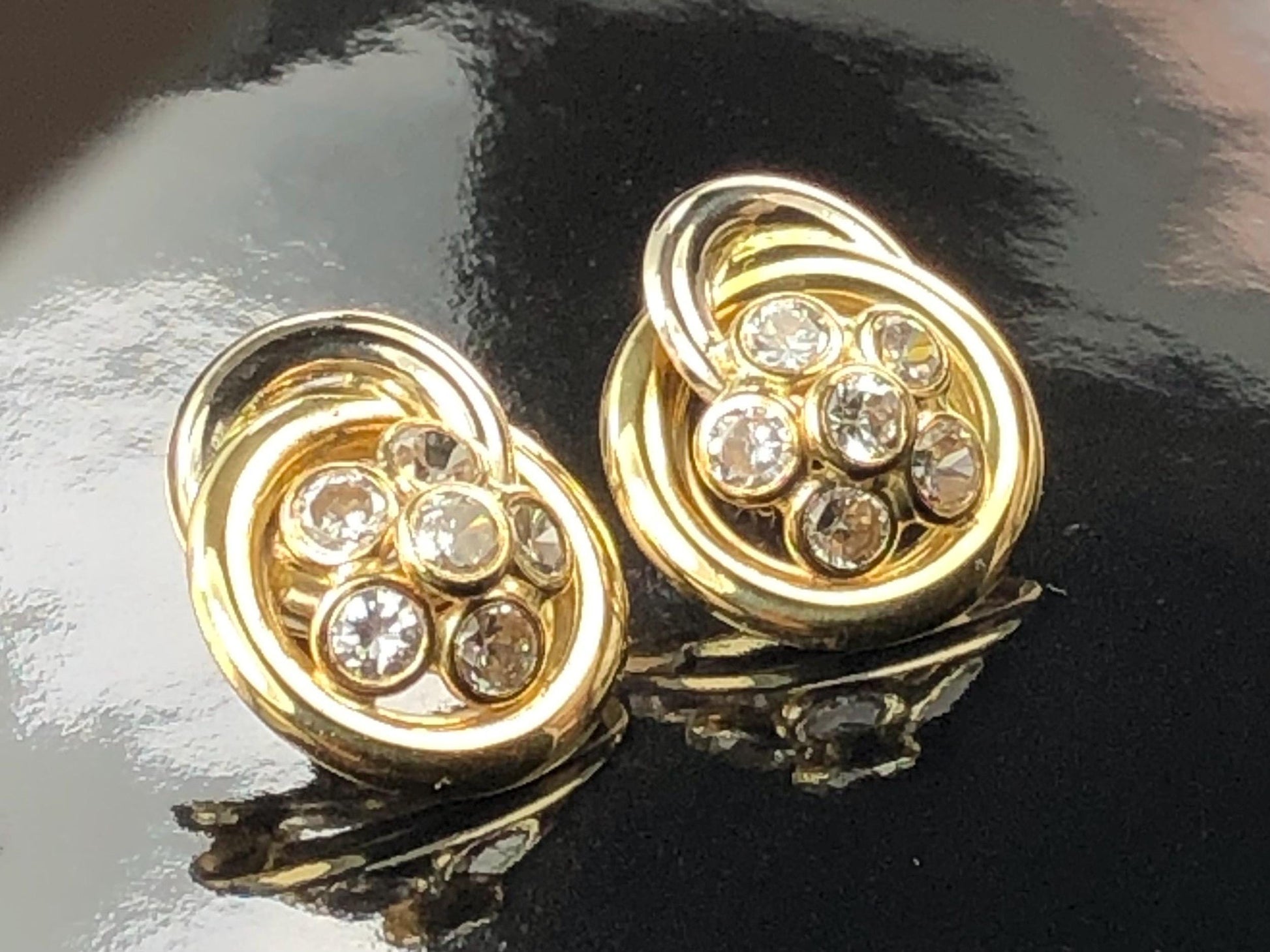 Vintage 18k Two Tone Gold Cubic Zirconia Stud Earrings, Large Floral CZ Studs