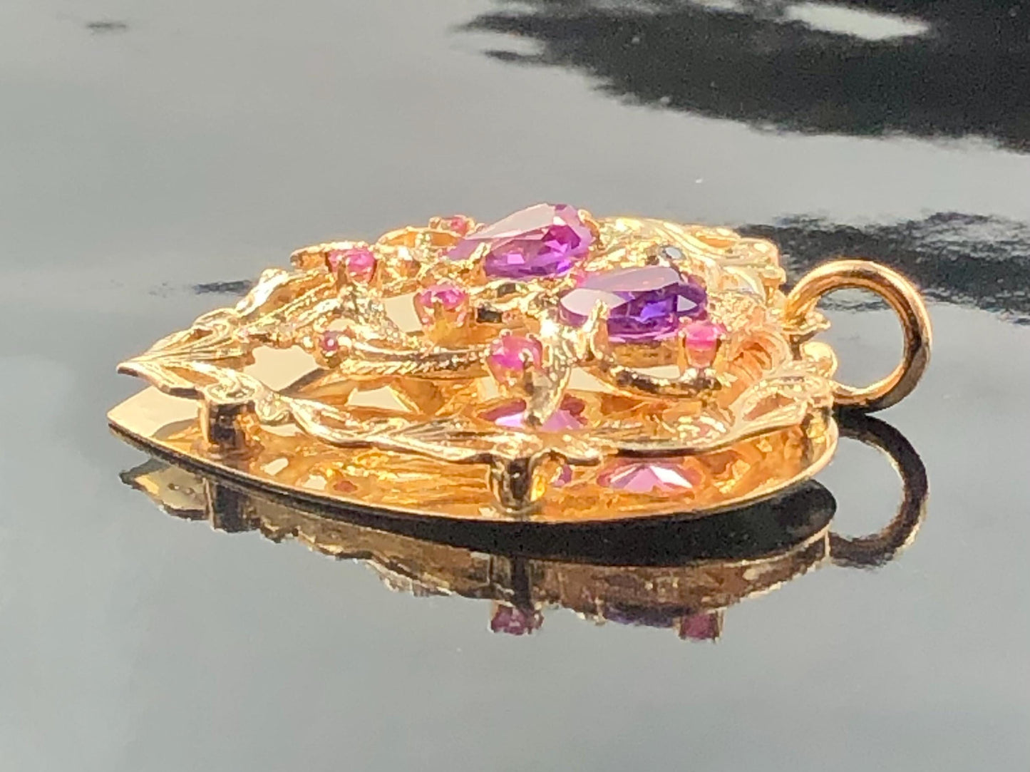 Vintage Large 14k Gold Jeweled Love Birds Heart Pendant with Purple Sapphires and Rubies, 3-D Charm