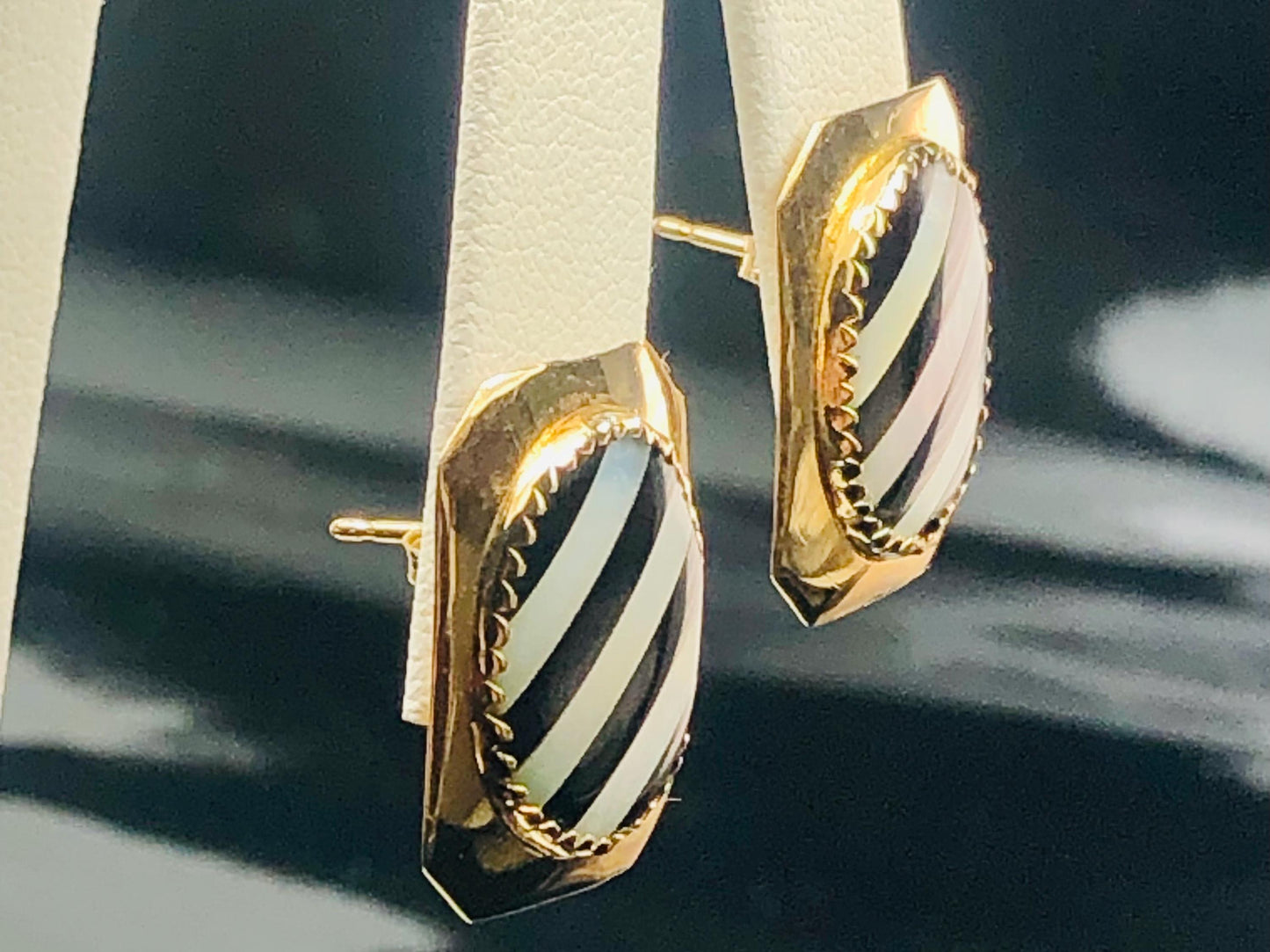 Vintage 14k Yellow Gold Black Onyx and Mother of Pearl Stud Earrings, Striped Octagon Shaped Studs