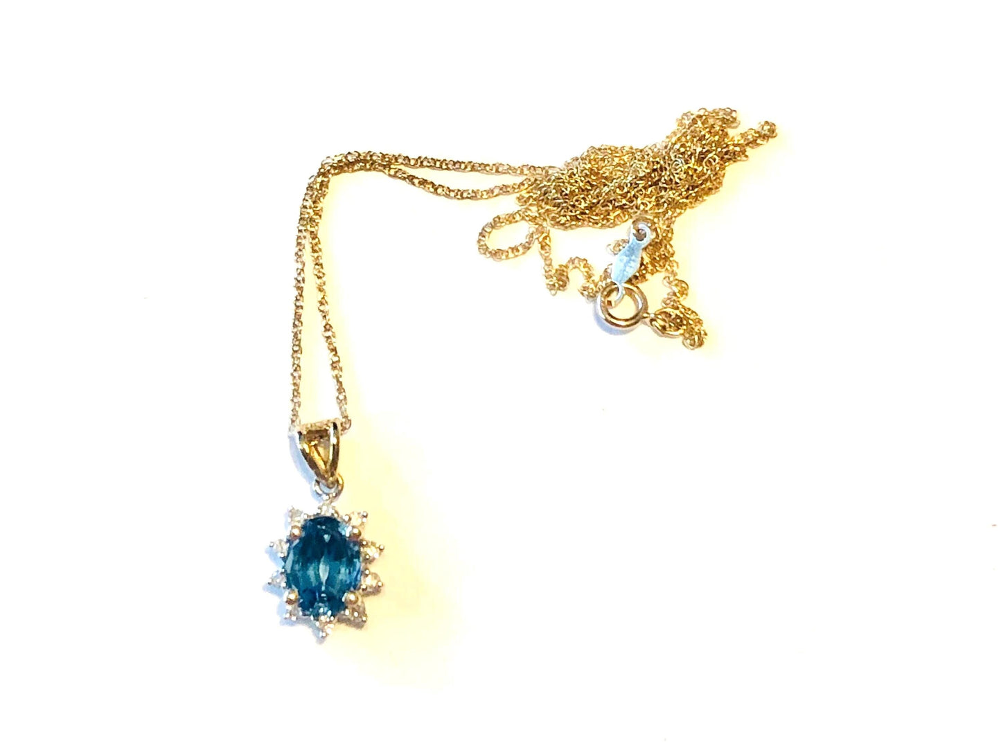 Vintage 14k Blue Topaz and Diamond Necklace, Oval Cut Topaz Pendant, December Birthstone