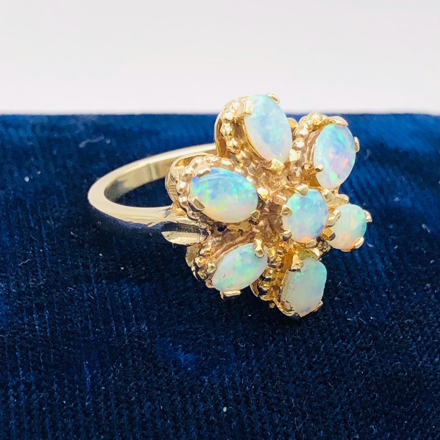 Vintage 14k Yellow Gold Floral Natural Opal Cluster Ring, October Birthstone Ring, Size 5.75