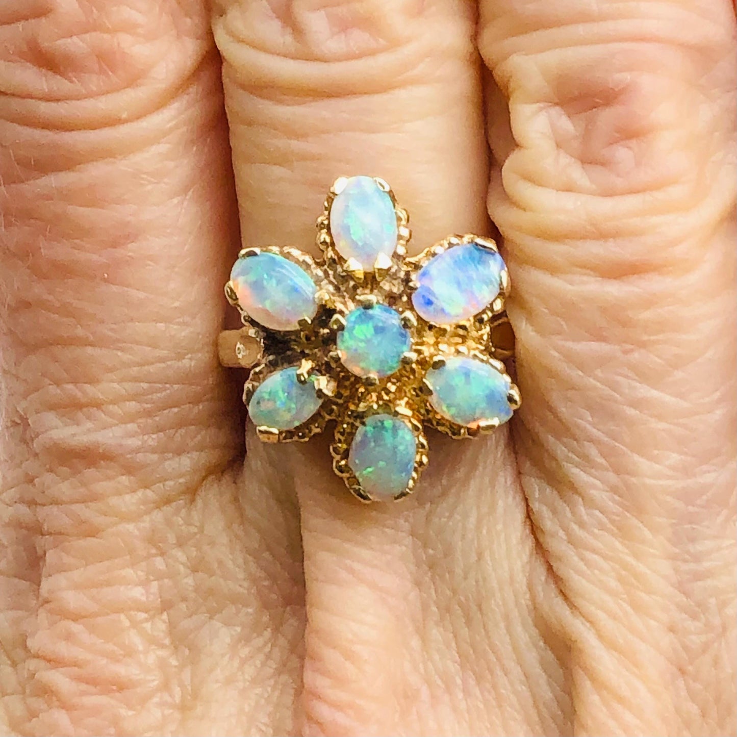 Vintage 14k Yellow Gold Floral Natural Opal Cluster Ring, October Birthstone Ring, Size 5.75