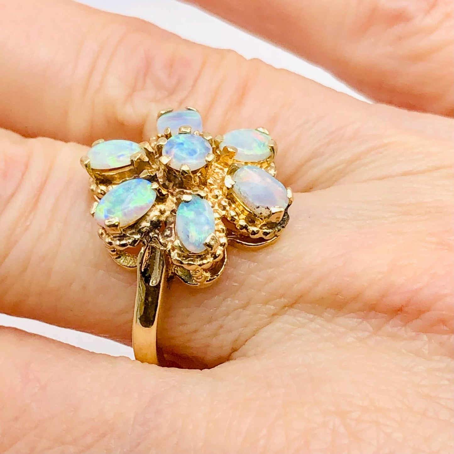 Vintage 14k Yellow Gold Floral Natural Opal Cluster Ring, October Birthstone Ring, Size 5.75