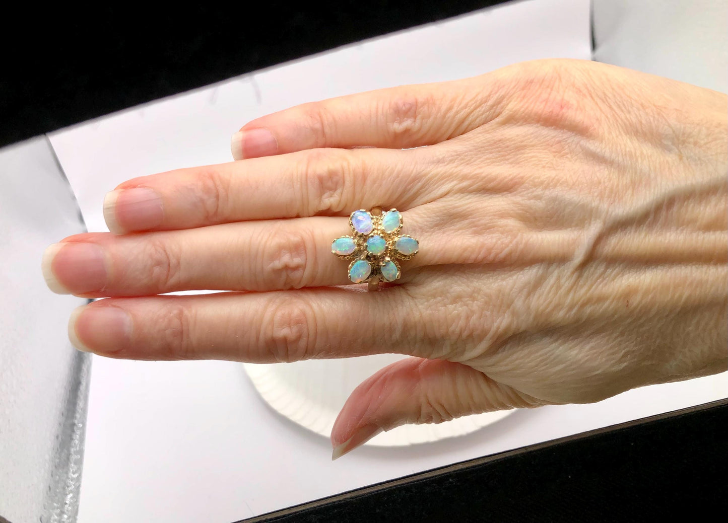 Vintage 14k Yellow Gold Floral Natural Opal Cluster Ring, October Birthstone Ring, Size 5.75