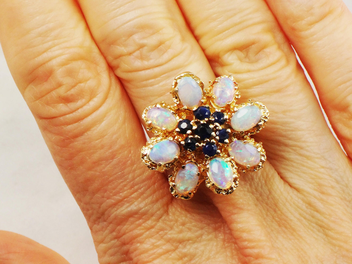 Vintage 14k Yellow Gold Natural Opal and Sapphire Cluster Ring - Floral Fiery Opal Ring - October Birthstone Size 6.5
