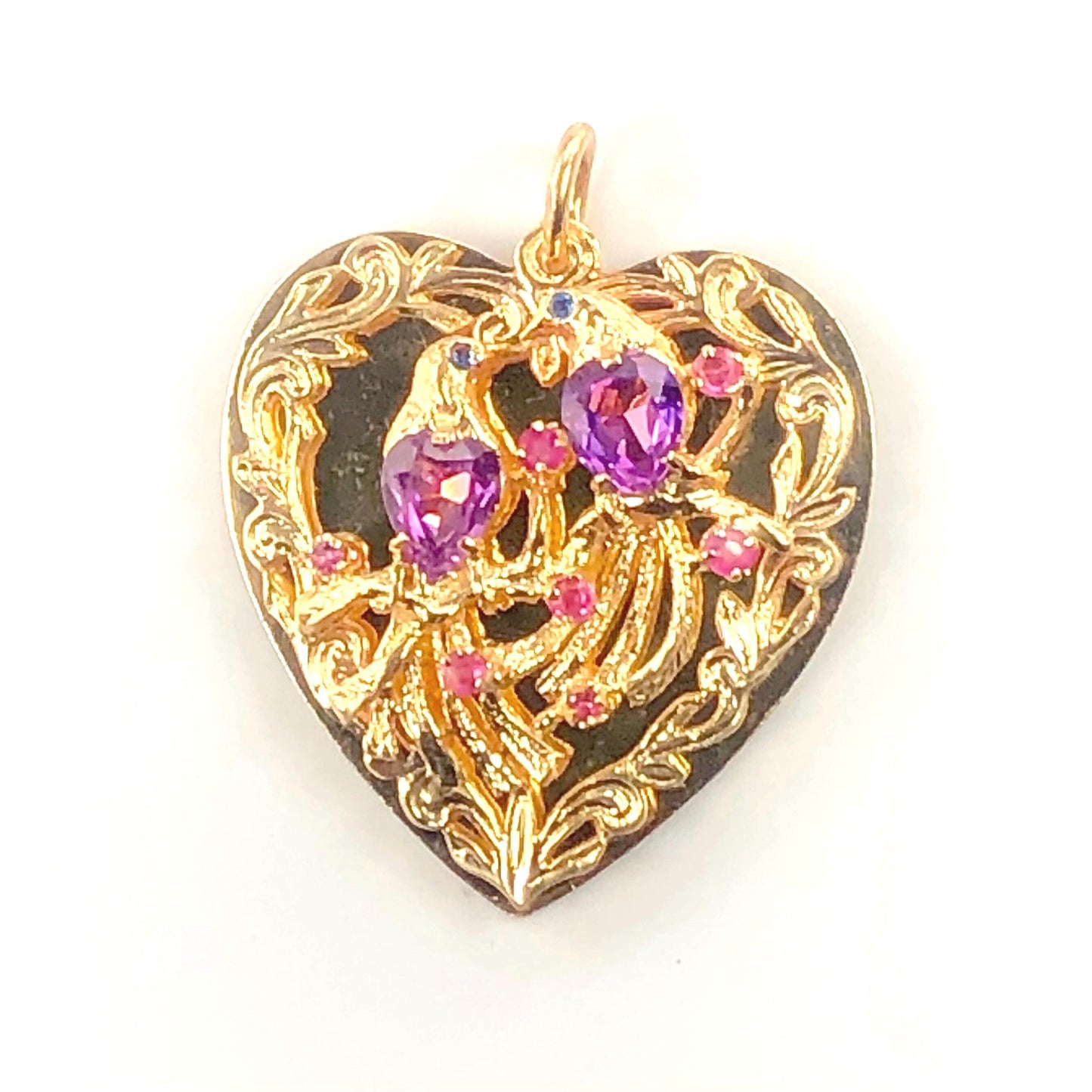 Vintage Large 14k Gold Jeweled Love Birds Heart Pendant with Purple Sapphires and Rubies, 3-D Charm