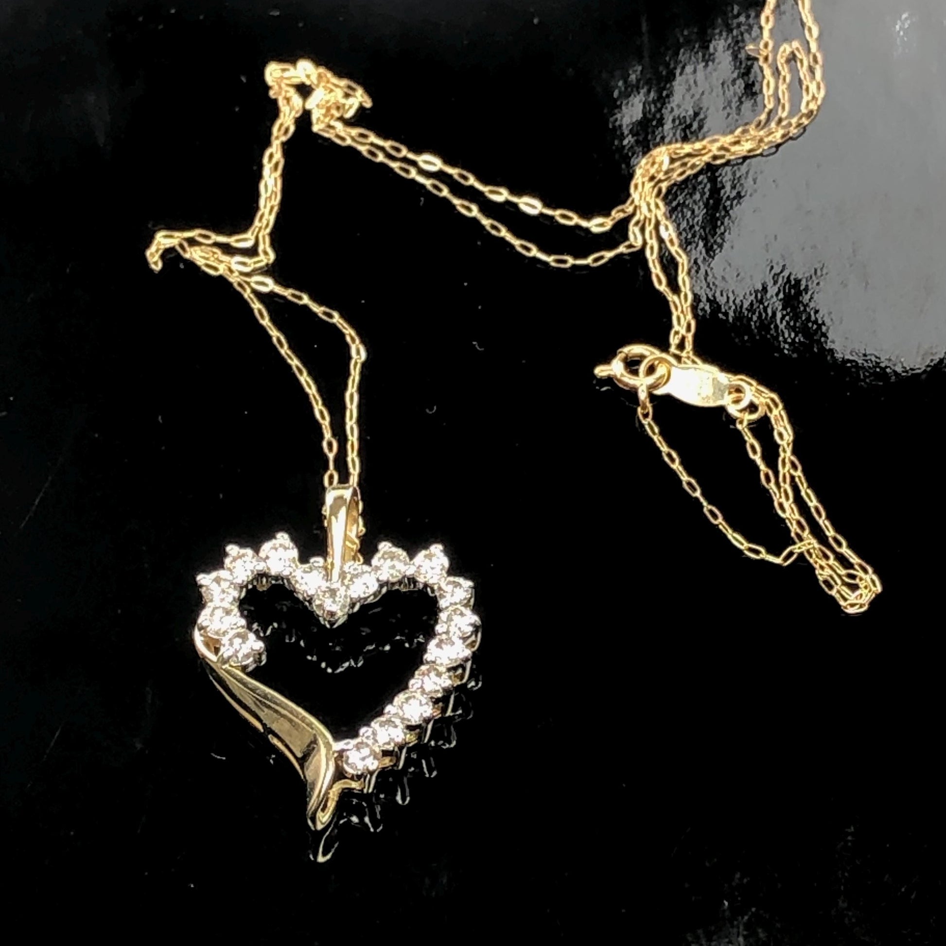 Vintage Solid Yellow Gold Diamond Open Heart Pendant Necklace 1.0 CT TDW 20"