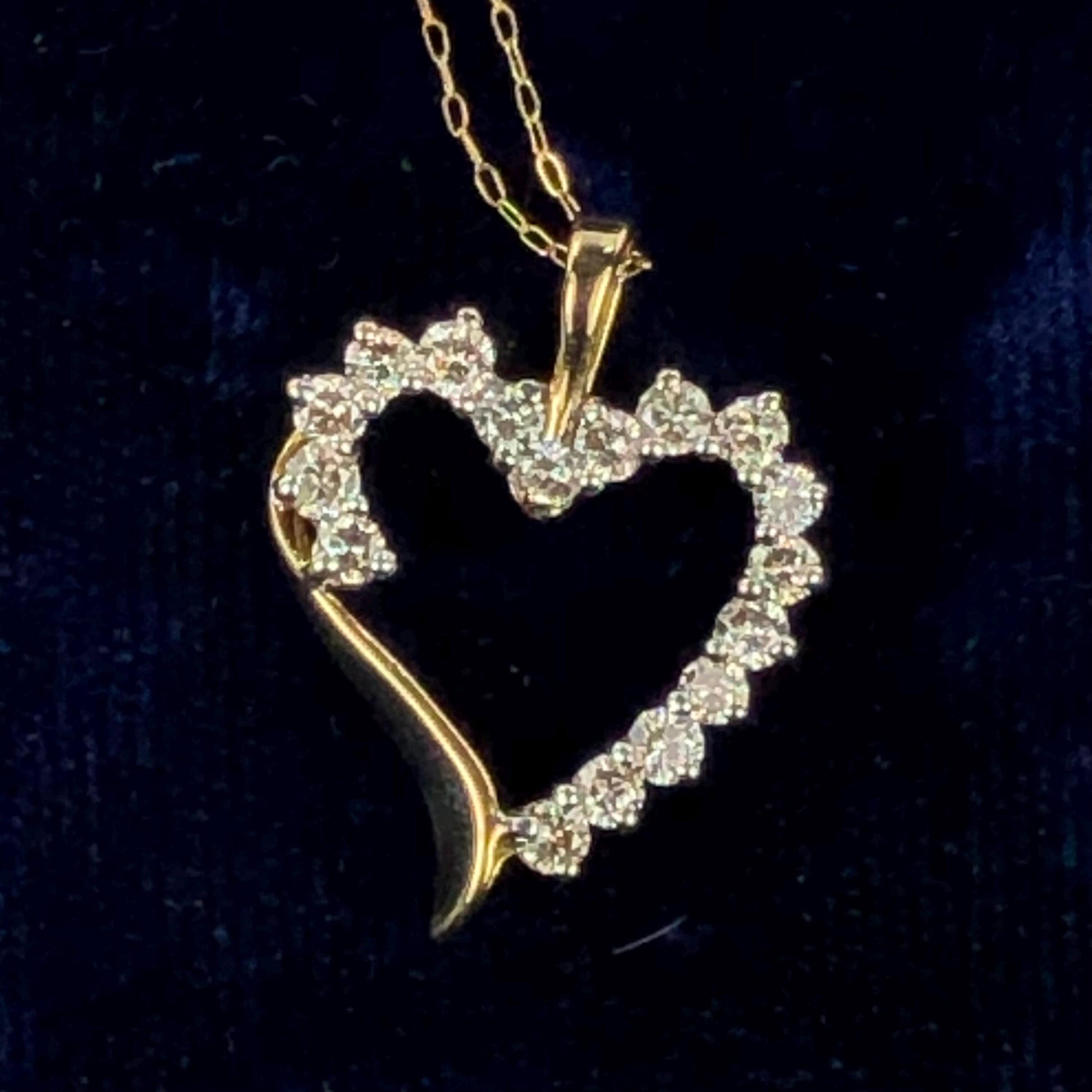 Vintage Solid Yellow Gold Diamond Open Heart Pendant Necklace 1.0 CT TDW 20"