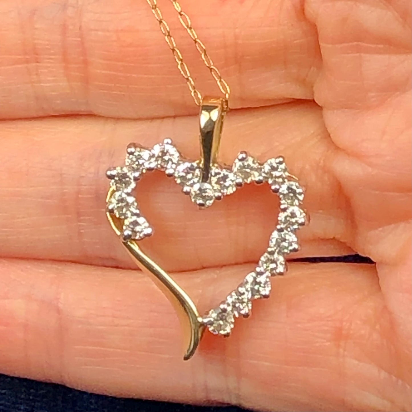 Vintage Solid Yellow Gold Diamond Open Heart Pendant Necklace 1.0 CT TDW 20"