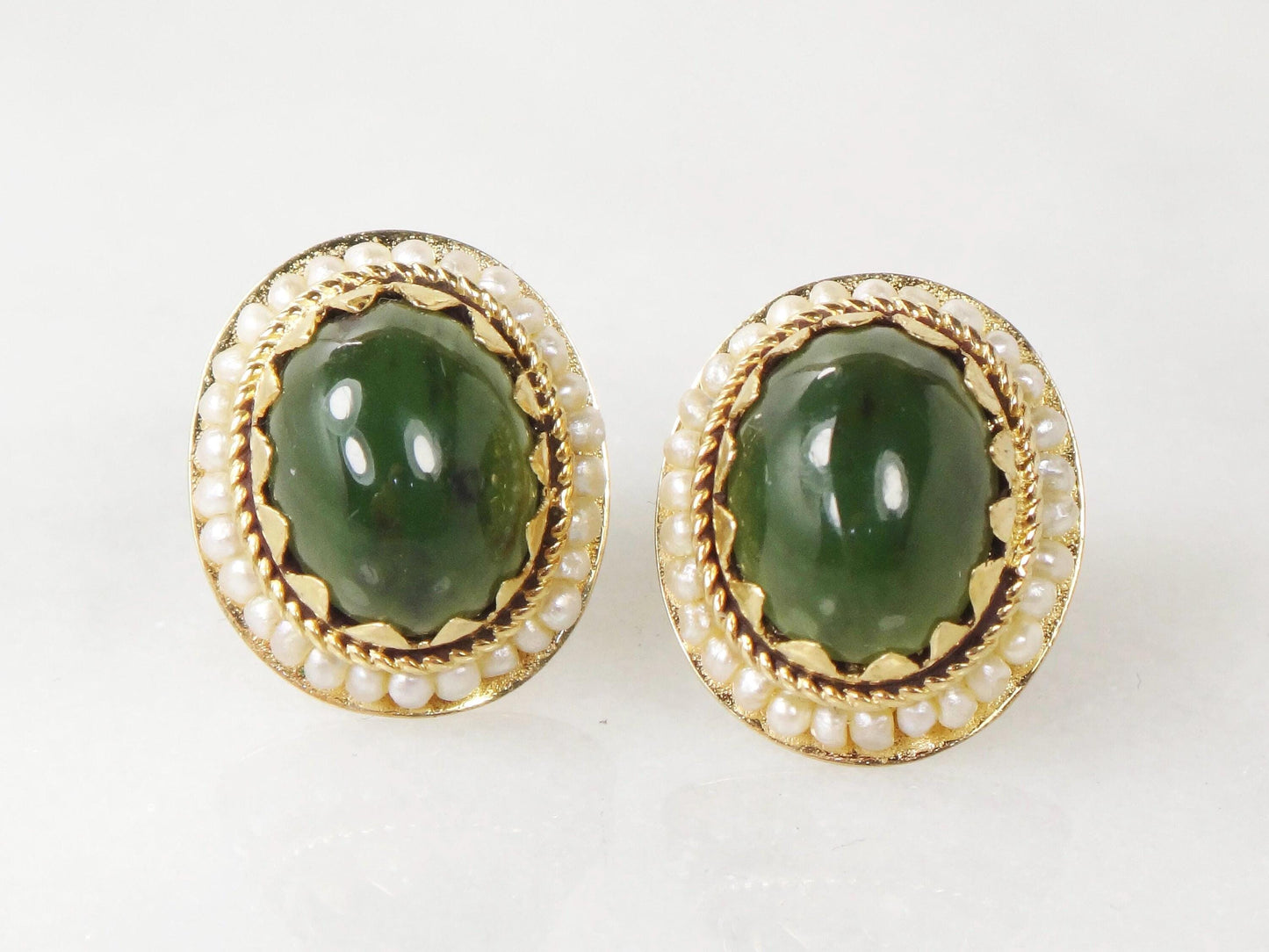 Vintage 14k Yellow Gold Chrysoprase Stud Earrings - Green Stone and Seed Pearl Jade Look Studs