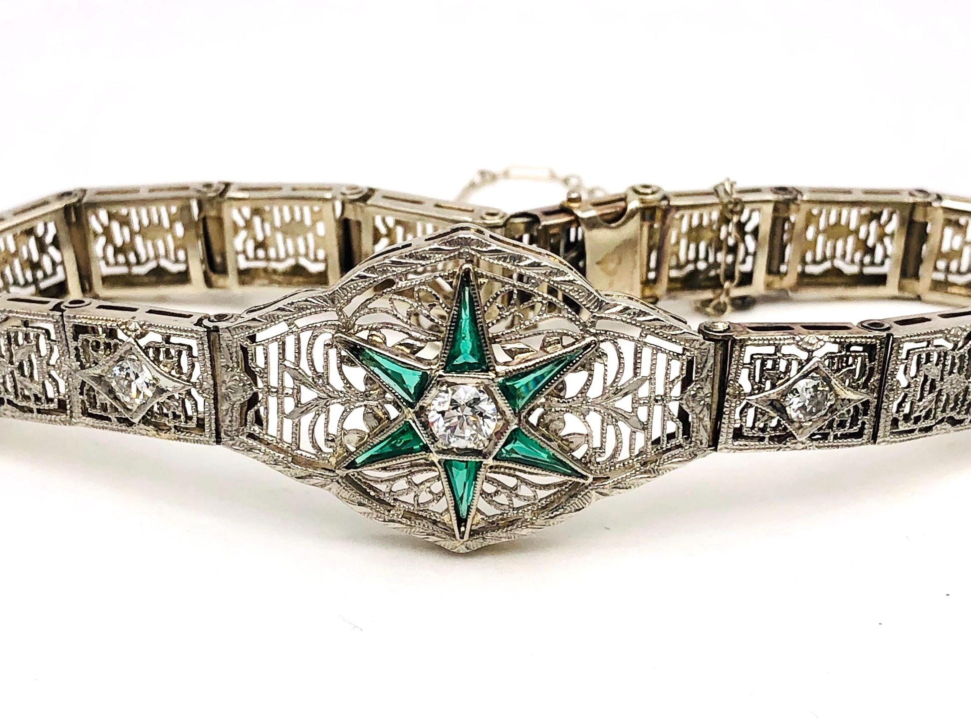 Vintage Art Deco 14k White Gold and Platinum Diamond and Green Glass Star Bracelet