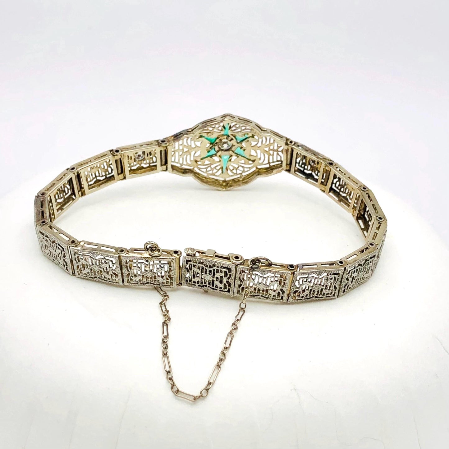 Vintage Art Deco 14k White Gold and Platinum Diamond and Green Glass Star Bracelet