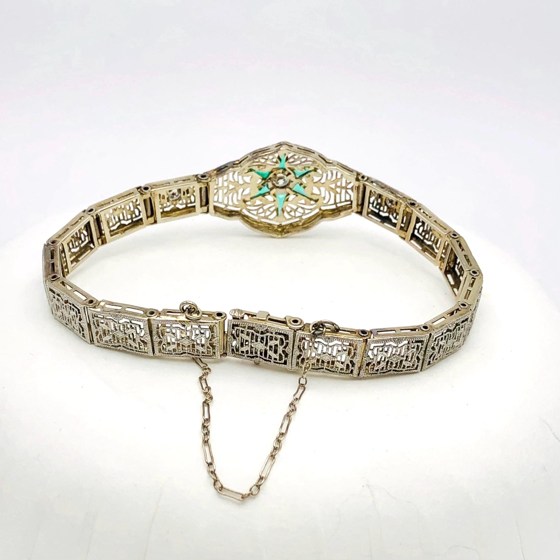 Vintage Art Deco 14k White Gold and Platinum Diamond and Green Glass Star Bracelet