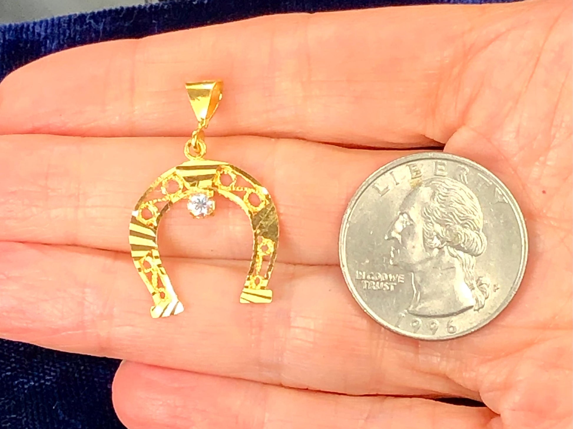 Vintage Solid 21k Yellow Gold Cubic Zirconia Horse Shoe Pendant, Good Luck Charm