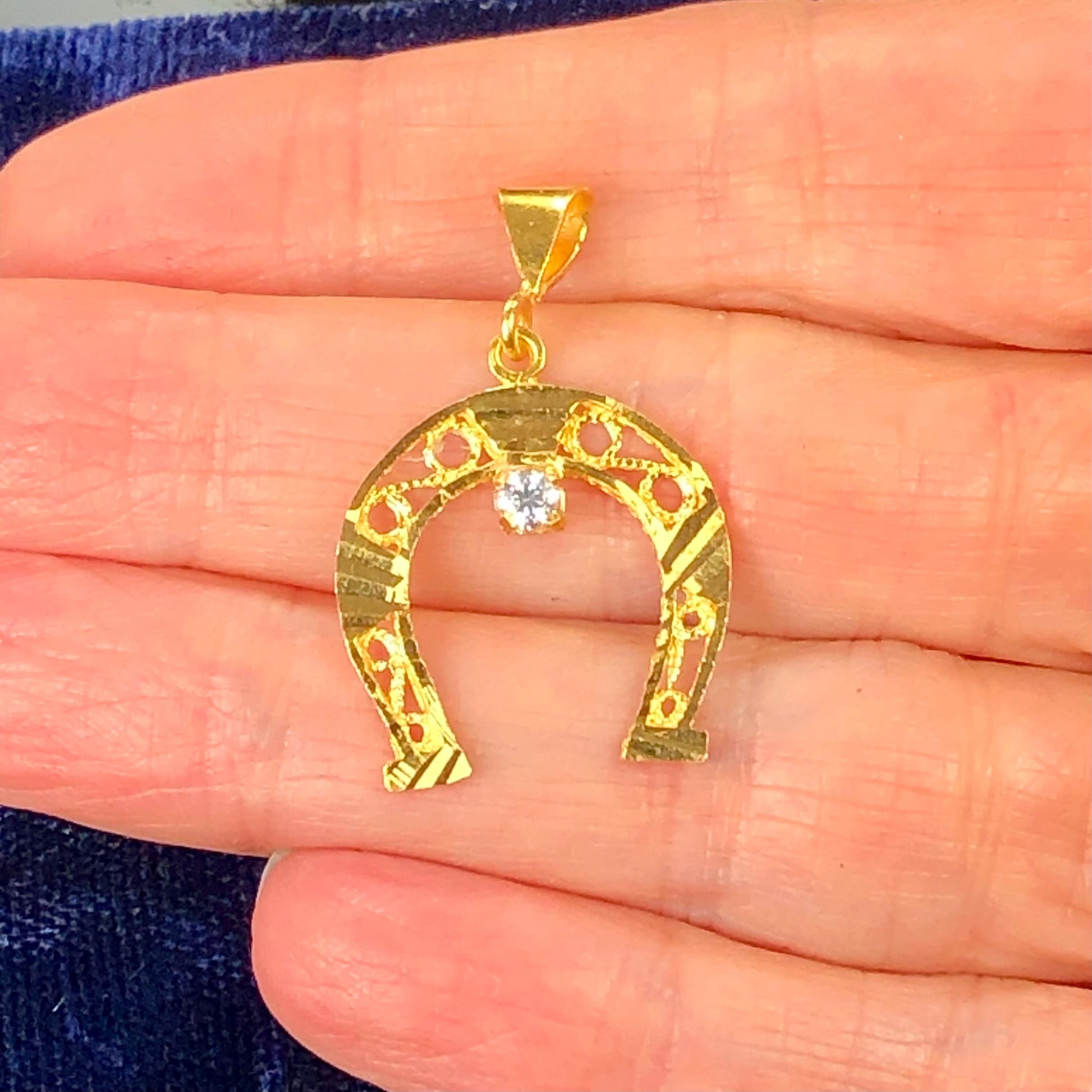 Vintage Solid 21k Yellow Gold Cubic Zirconia Horse Shoe Pendant, Good Luck Charm