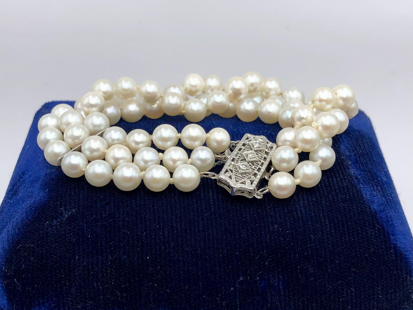 Vintage 14k White Gold Filigree and Diamond Triple Strand Pearl Bracelet, Saltwater Cultured Pearl Bridal Jewelry, 6.5"