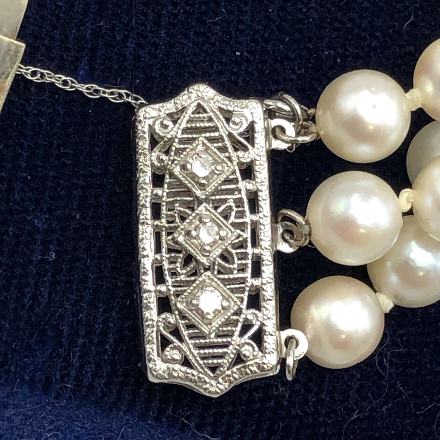 Vintage 14k White Gold Filigree and Diamond Triple Strand Pearl Bracelet, Saltwater Cultured Pearl Bridal Jewelry, 6.5"