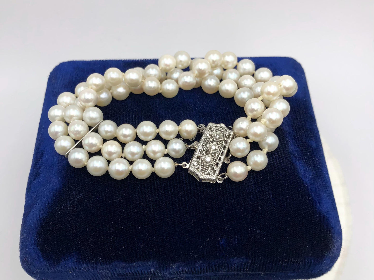 Vintage 14k White Gold Filigree and Diamond Triple Strand Pearl Bracelet, Saltwater Cultured Pearl Bridal Jewelry, 6.5"