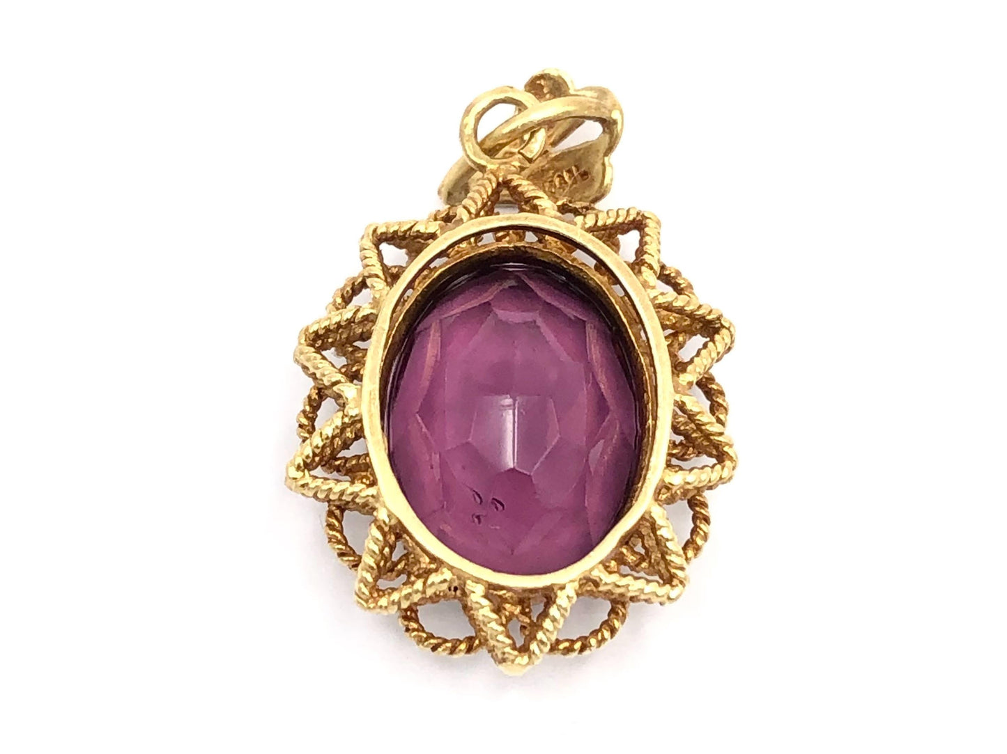 Vintage 18k Yellow Gold Oval Purple Glass Pendant, Mid-Century Floral Pendant