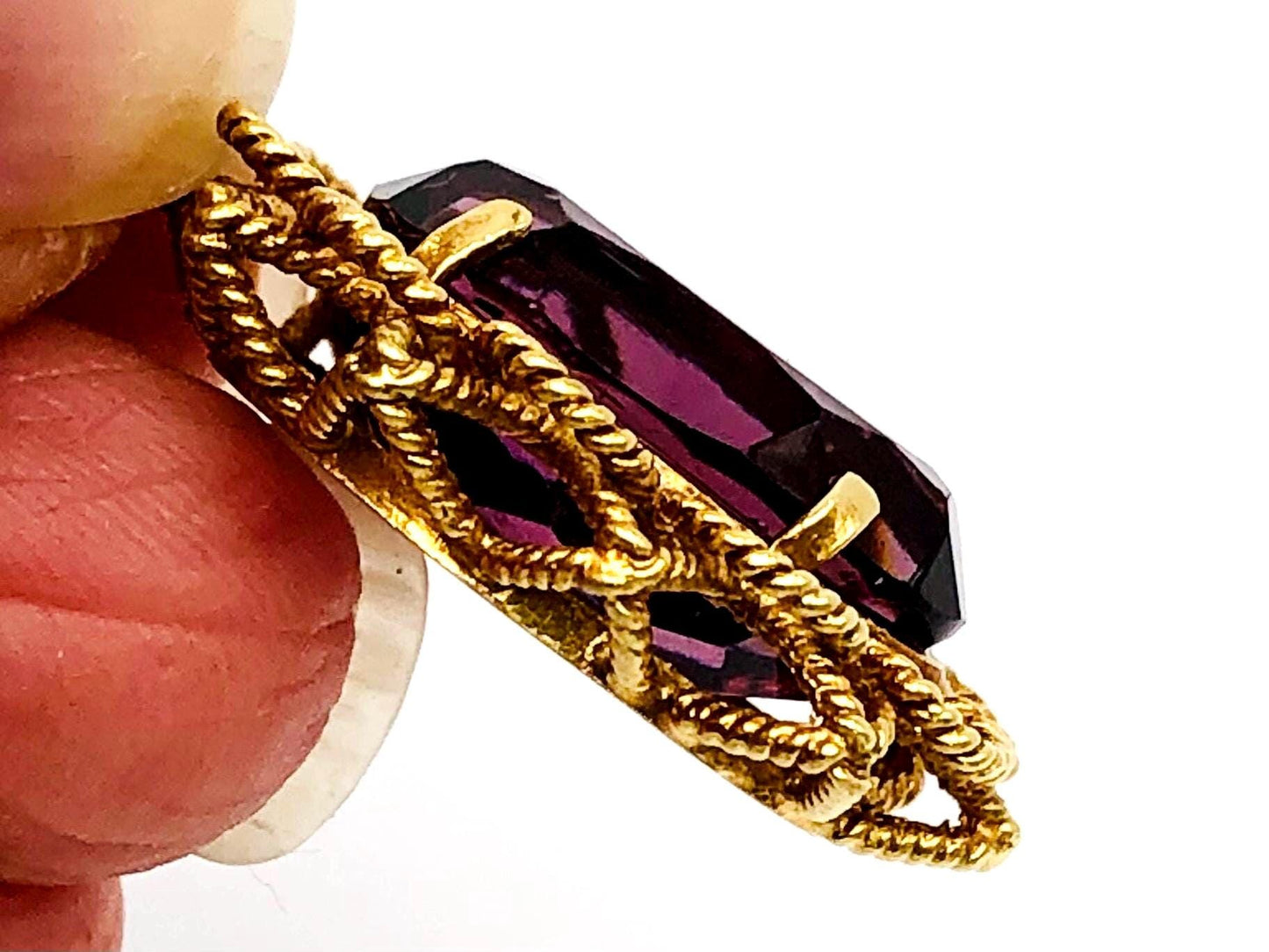 Vintage 18k Yellow Gold Oval Purple Glass Pendant, Mid-Century Floral Pendant