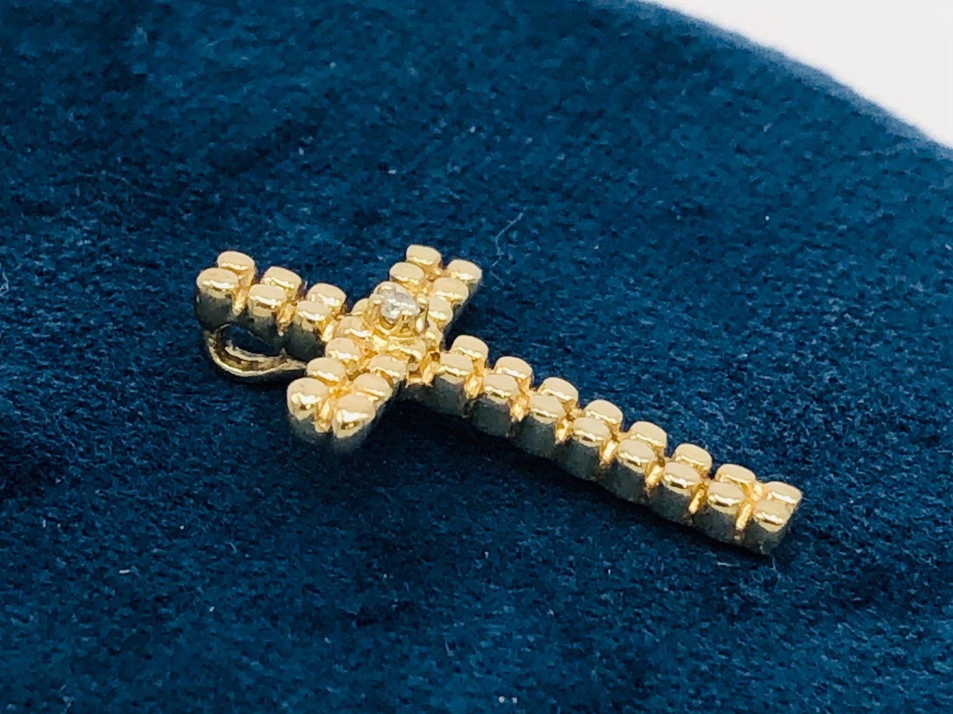 Vintage Small Solid 14k Yellow Gold Cross with Diamond