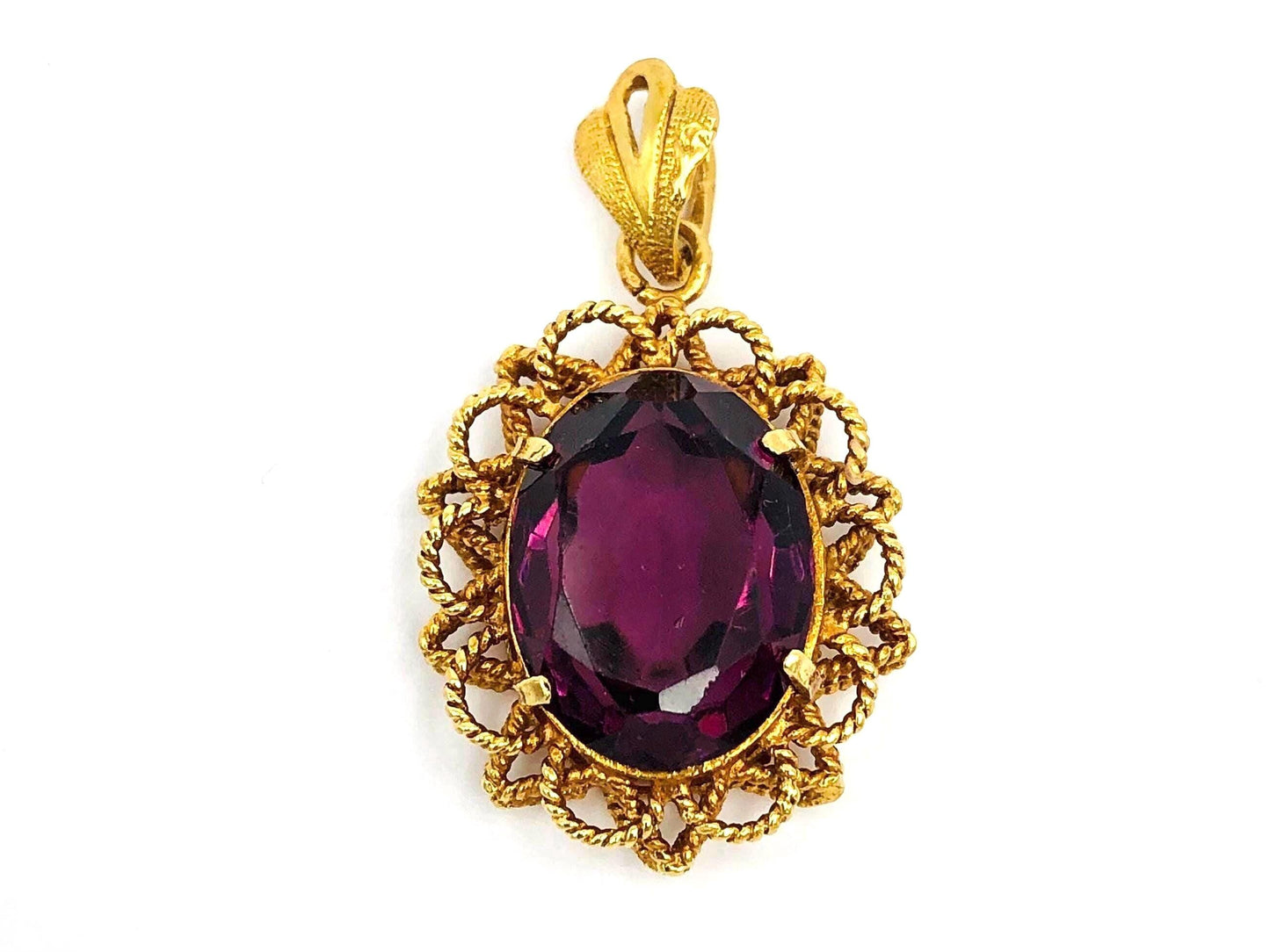 Vintage 18k Yellow Gold Oval Purple Glass Pendant, Mid-Century Floral Pendant