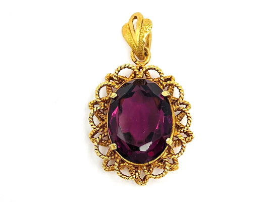 Vintage 18k Yellow Gold Oval Purple Glass Pendant, Mid-Century Floral Pendant