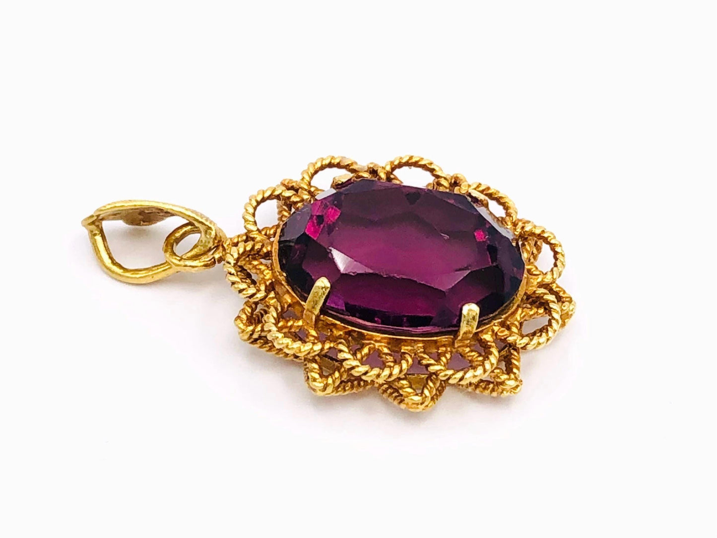 Vintage 18k Yellow Gold Oval Purple Glass Pendant, Mid-Century Floral Pendant