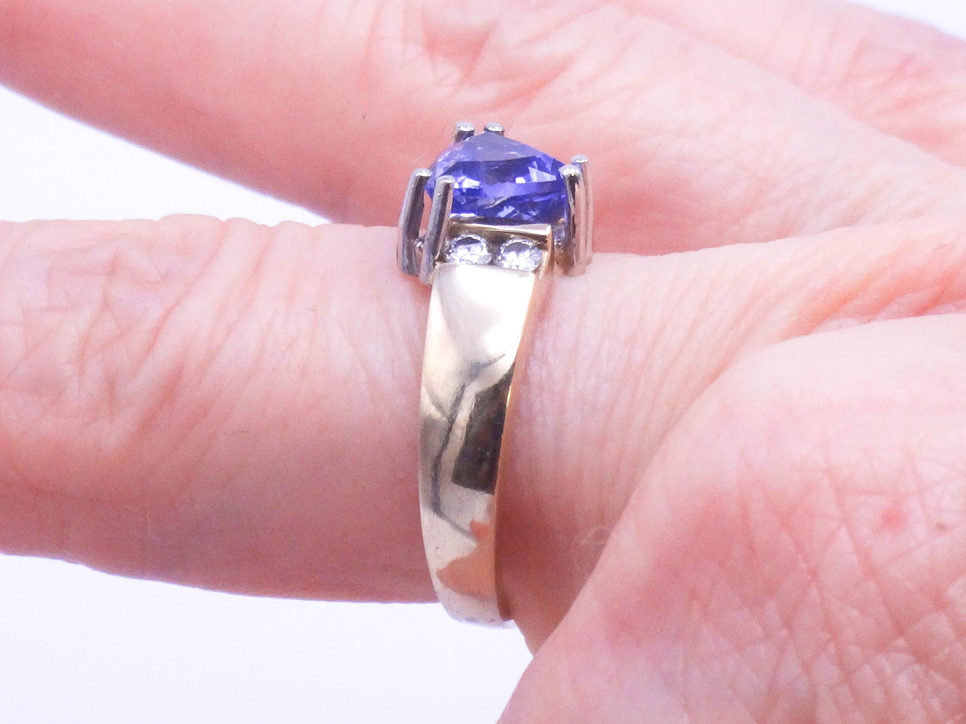 Vintage 14k Yellow Gold Natural Tanzanite Diamond Ring, Purple Stone Everyday Ring Size 6