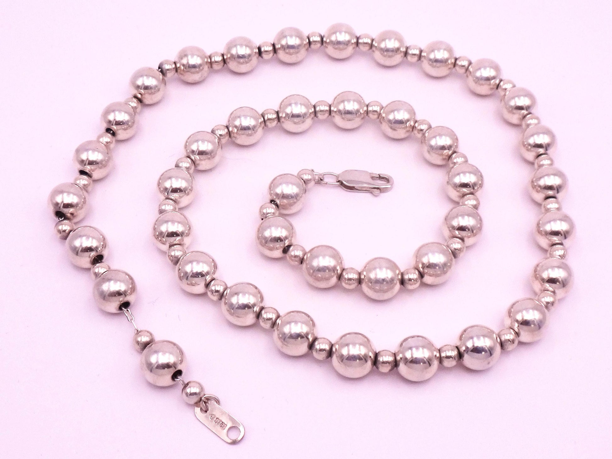 Vintage Sterling Silver Bead Necklace - 8mm Ball Chain, 20"