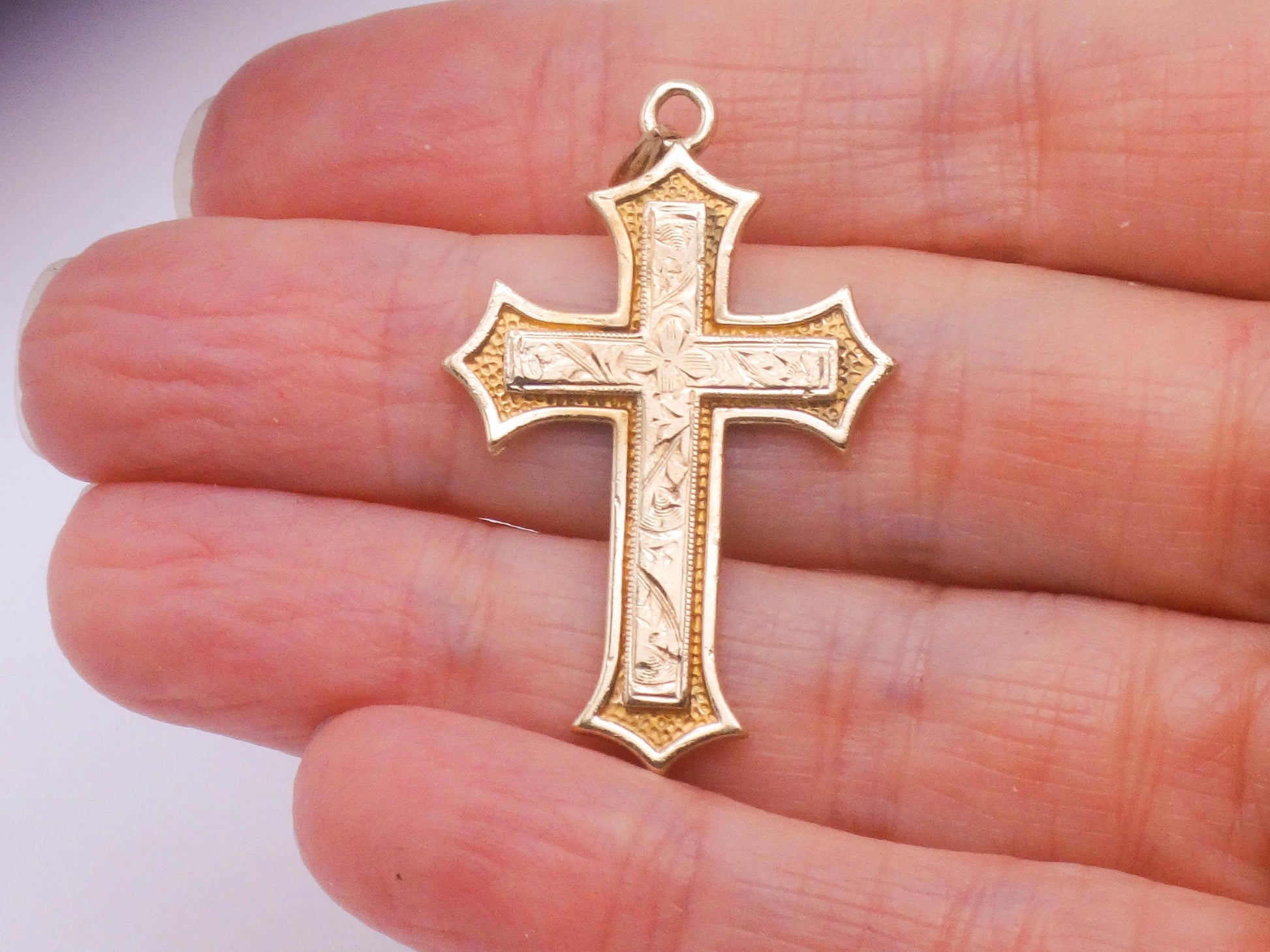 Vintage 14k Gold Engraved Cross - Esemco Ornate Fleury Style Cross