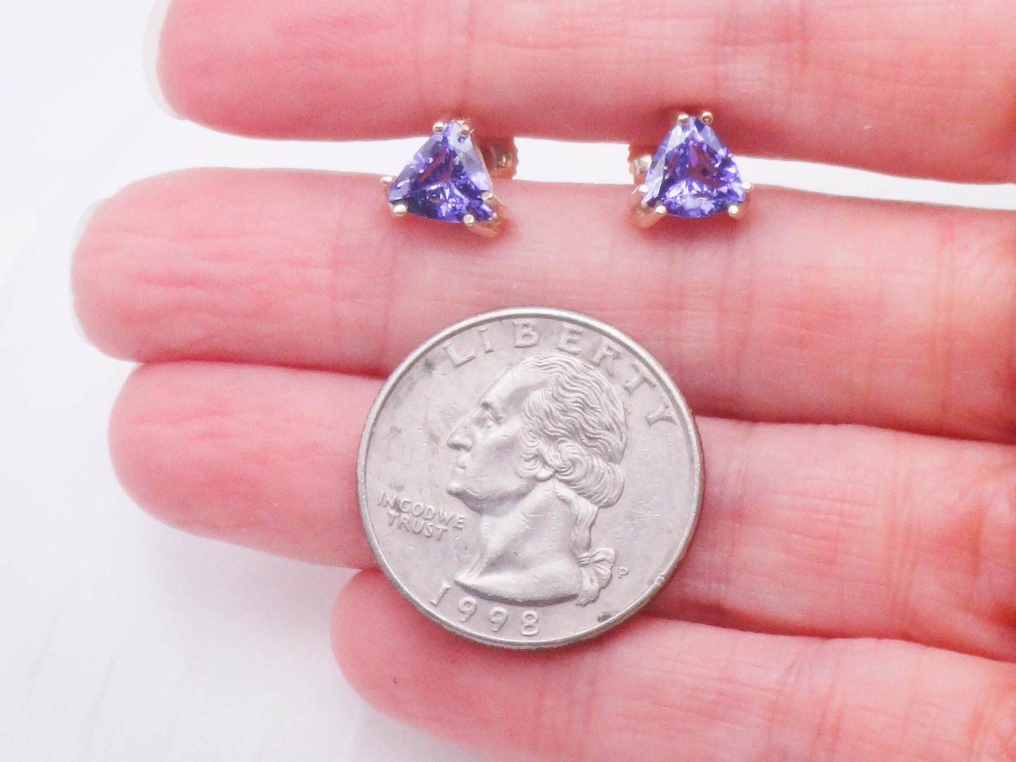 Vintage 14k Yellow Gold Tanzanite Stud Earrings, Triangle Shaped Purple Blue Studs