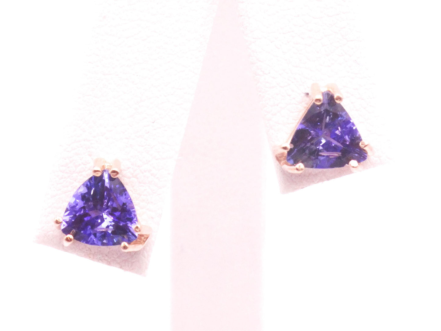 Vintage 14k Yellow Gold Tanzanite Stud Earrings, Triangle Shaped Purple Blue Studs