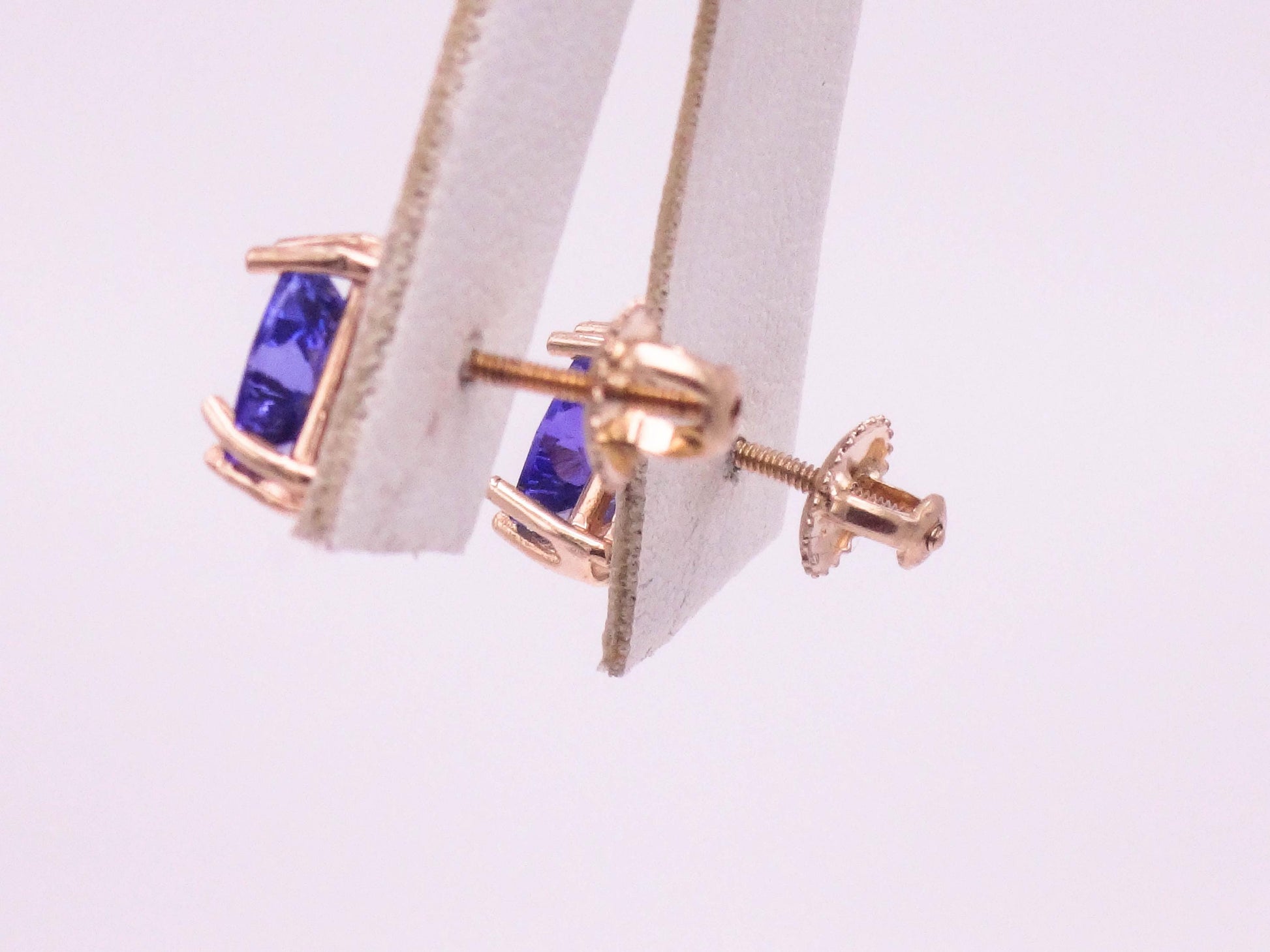 Vintage 14k Yellow Gold Tanzanite Stud Earrings, Triangle Shaped Purple Blue Studs