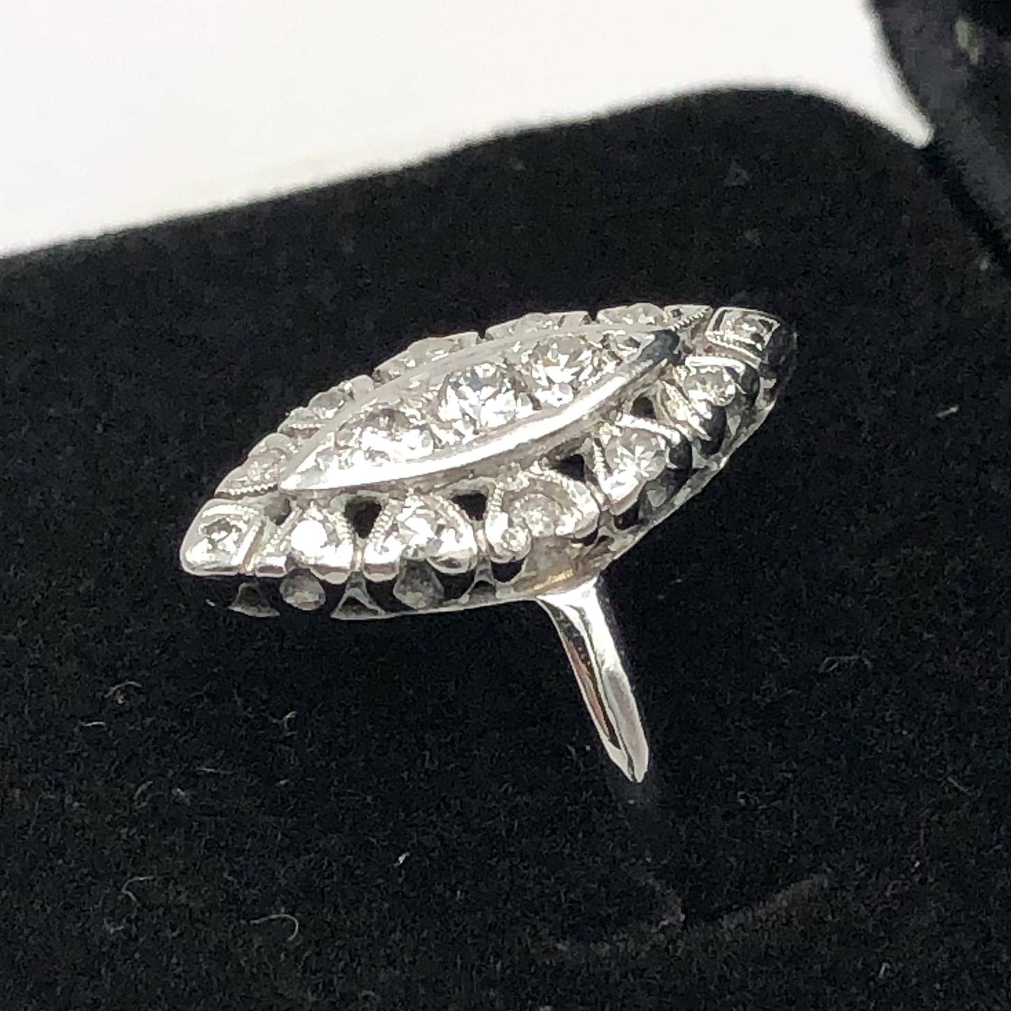 Vintage 14k White Gold Diamond Navette Ring - 1960s Cluster Style, Size 5.5