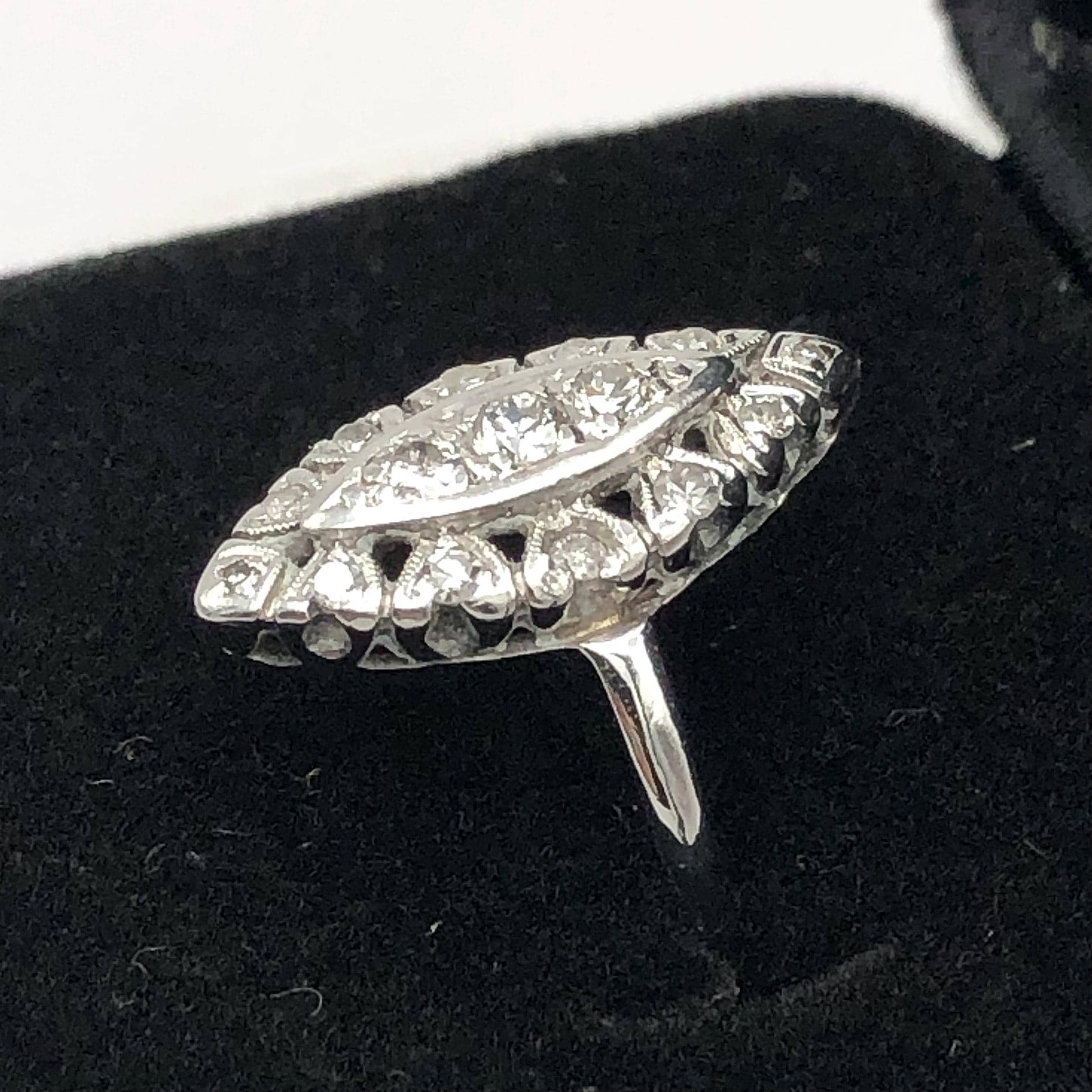 Vintage 14k White Gold Diamond Navette Ring - 1960s Cluster Style, Size 5.5