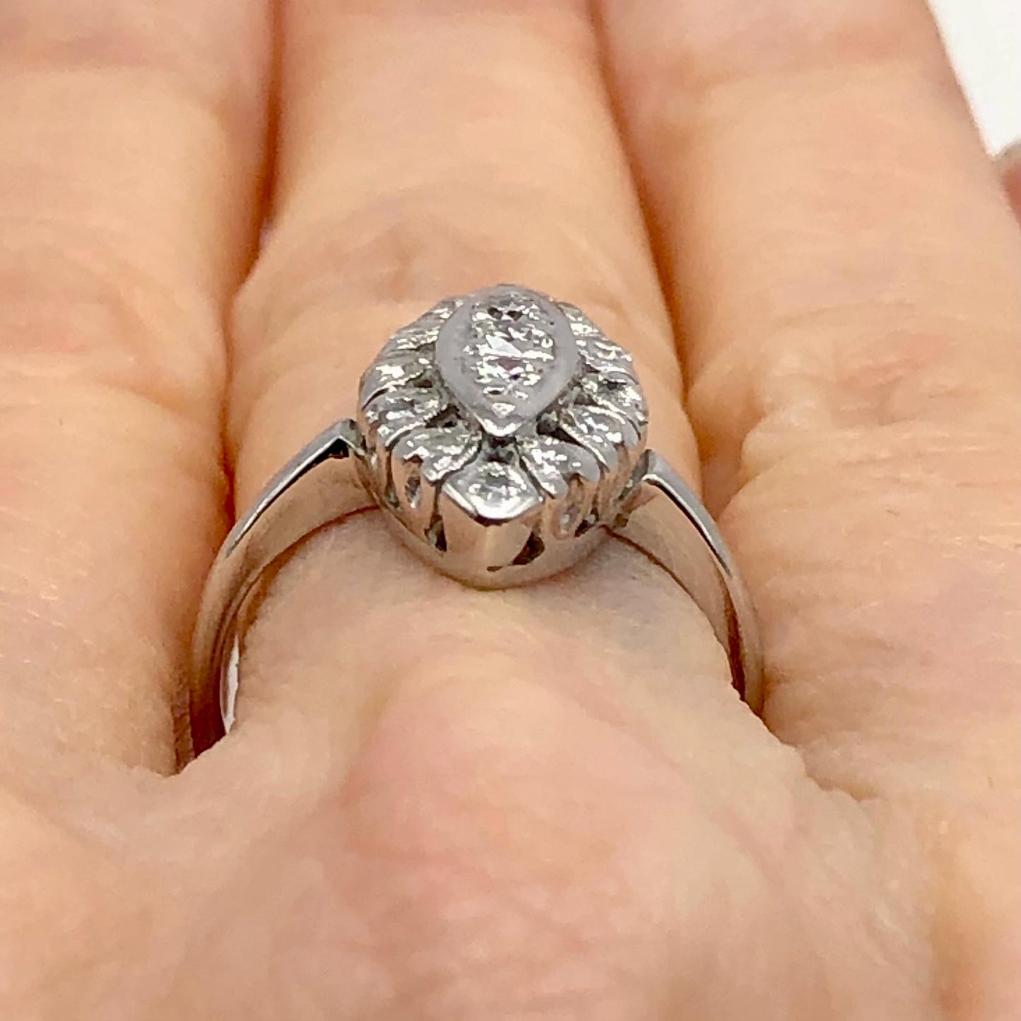 Vintage 14k White Gold Diamond Navette Ring - 1960s Cluster Style, Size 5.5