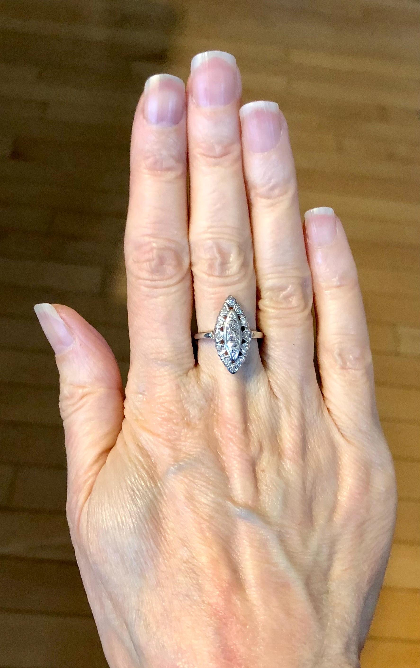 Vintage 14k White Gold Diamond Navette Ring - 1960s Cluster Style, Size 5.5