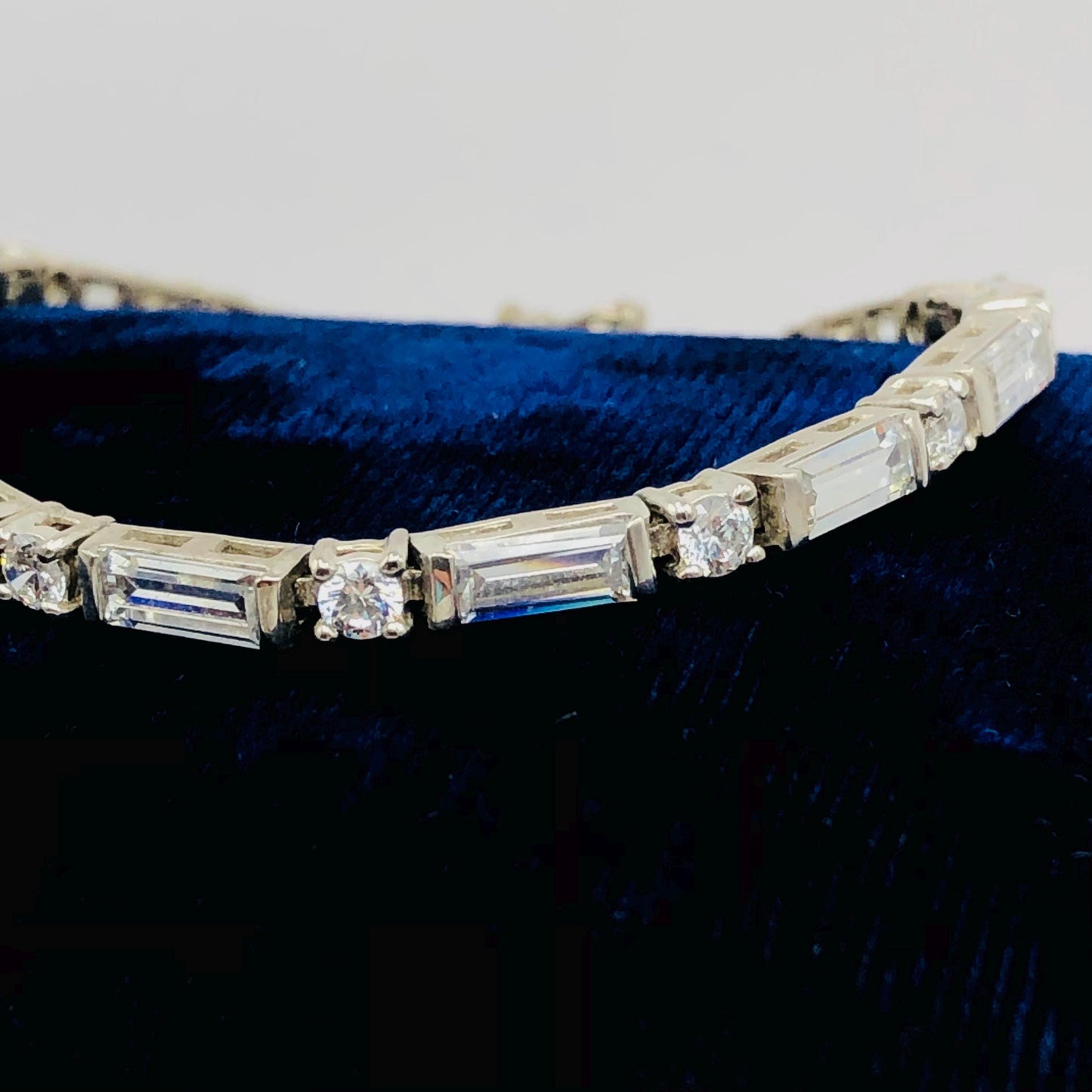 Sterling Silver Cubic Zirconia Tennis Bracelet with Round and Baguette Cuts 7" - Fine Vintage Jewelry