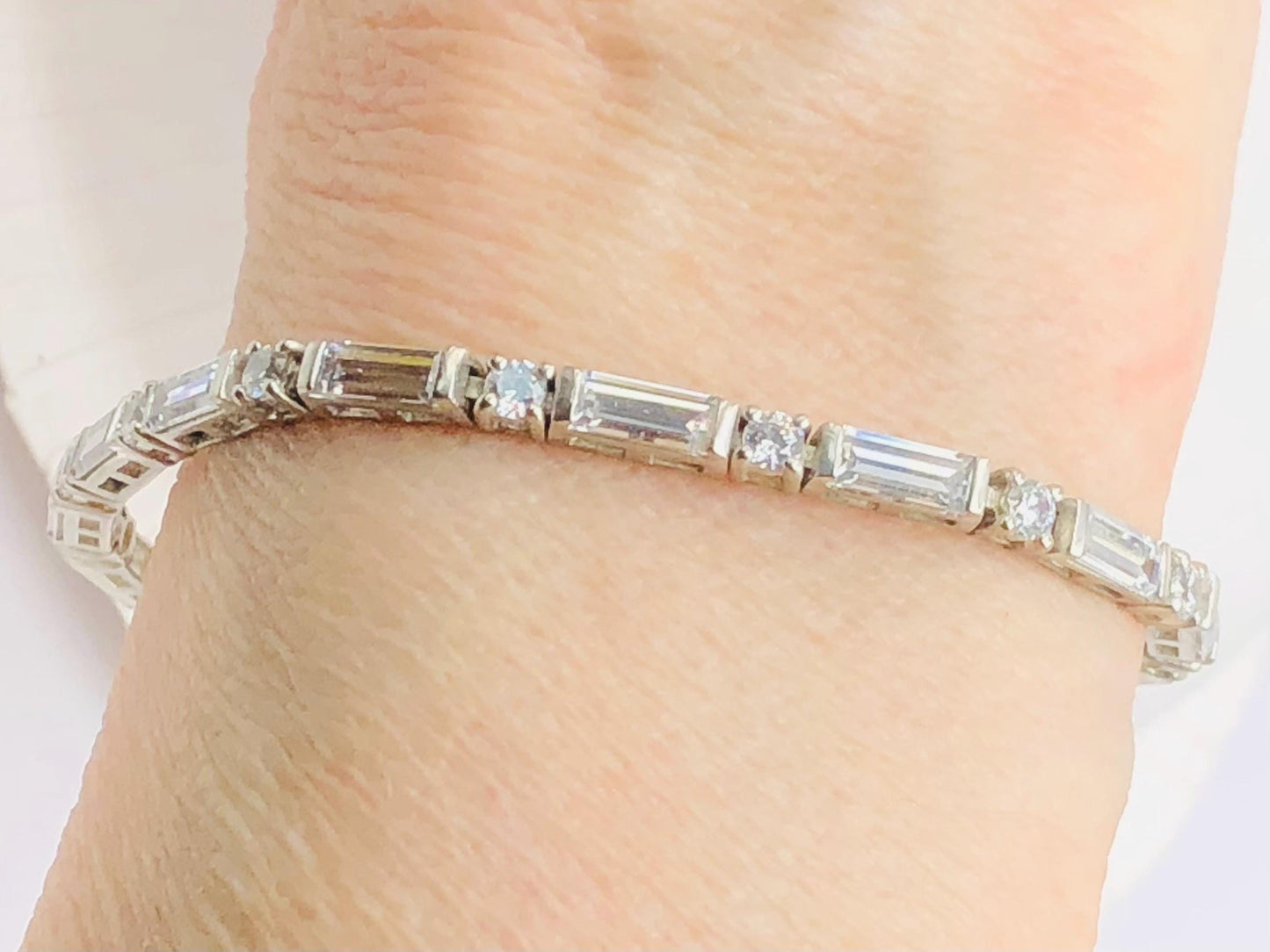 Sterling Silver Cubic Zirconia Tennis Bracelet with Round and Baguette Cuts 7" - Fine Vintage Jewelry