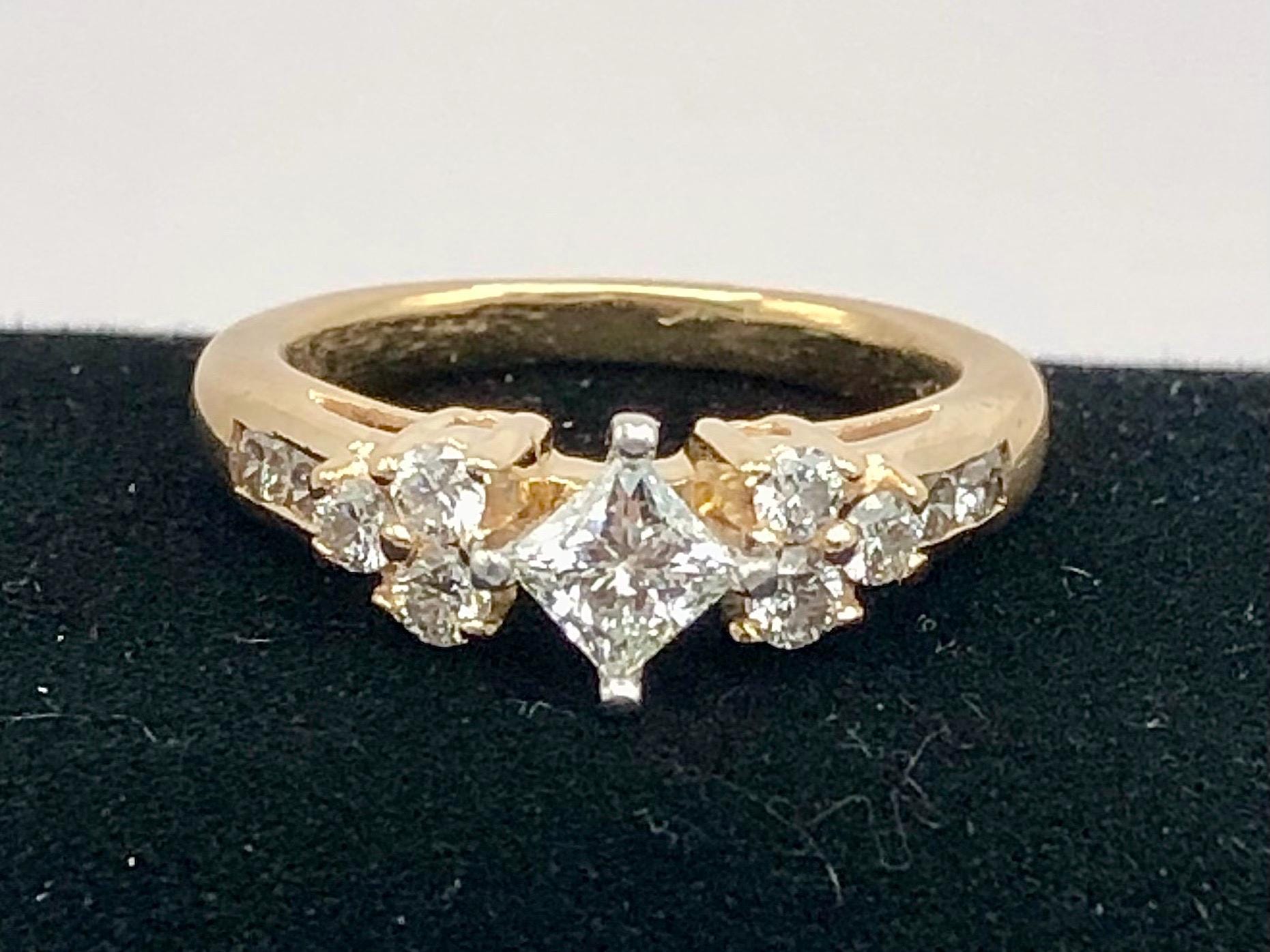 Vintage 14k Two Tone Gold Princess Cut Natural Diamond Engagement Ring, Square Diamond Ring, 1 CTS Total Diamond Weight Size 6.25