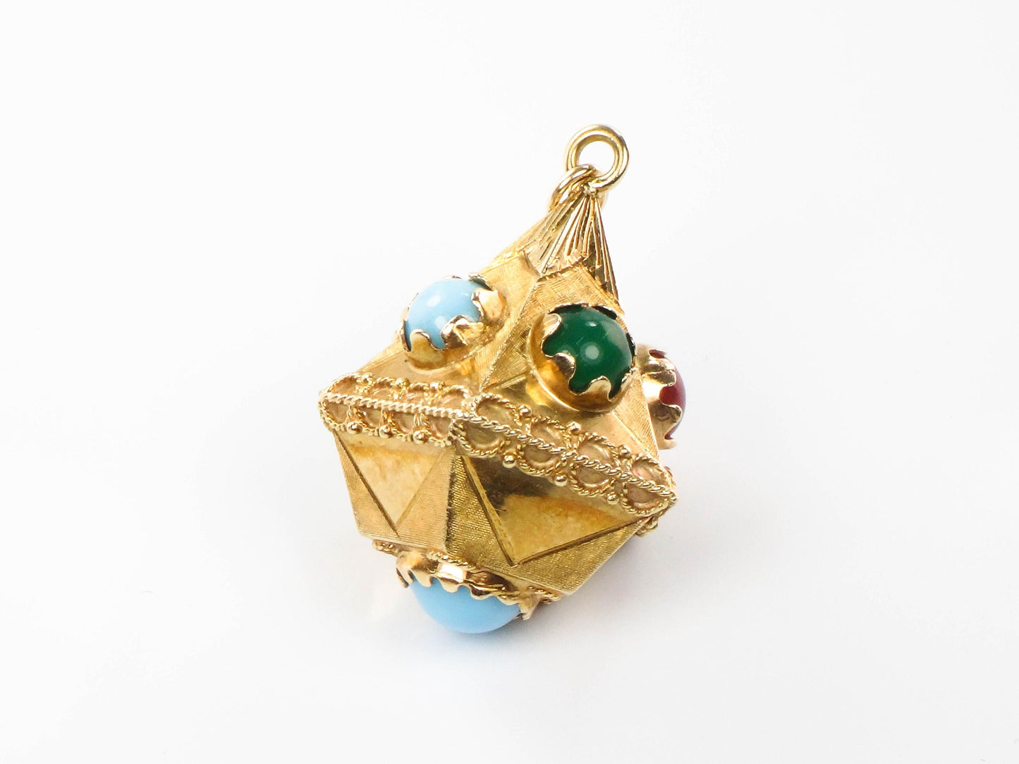 Vintage Large 18k Gold Turquoise and Colored Gemstone Charm Pendant, Italian Etruscan Revival Charm